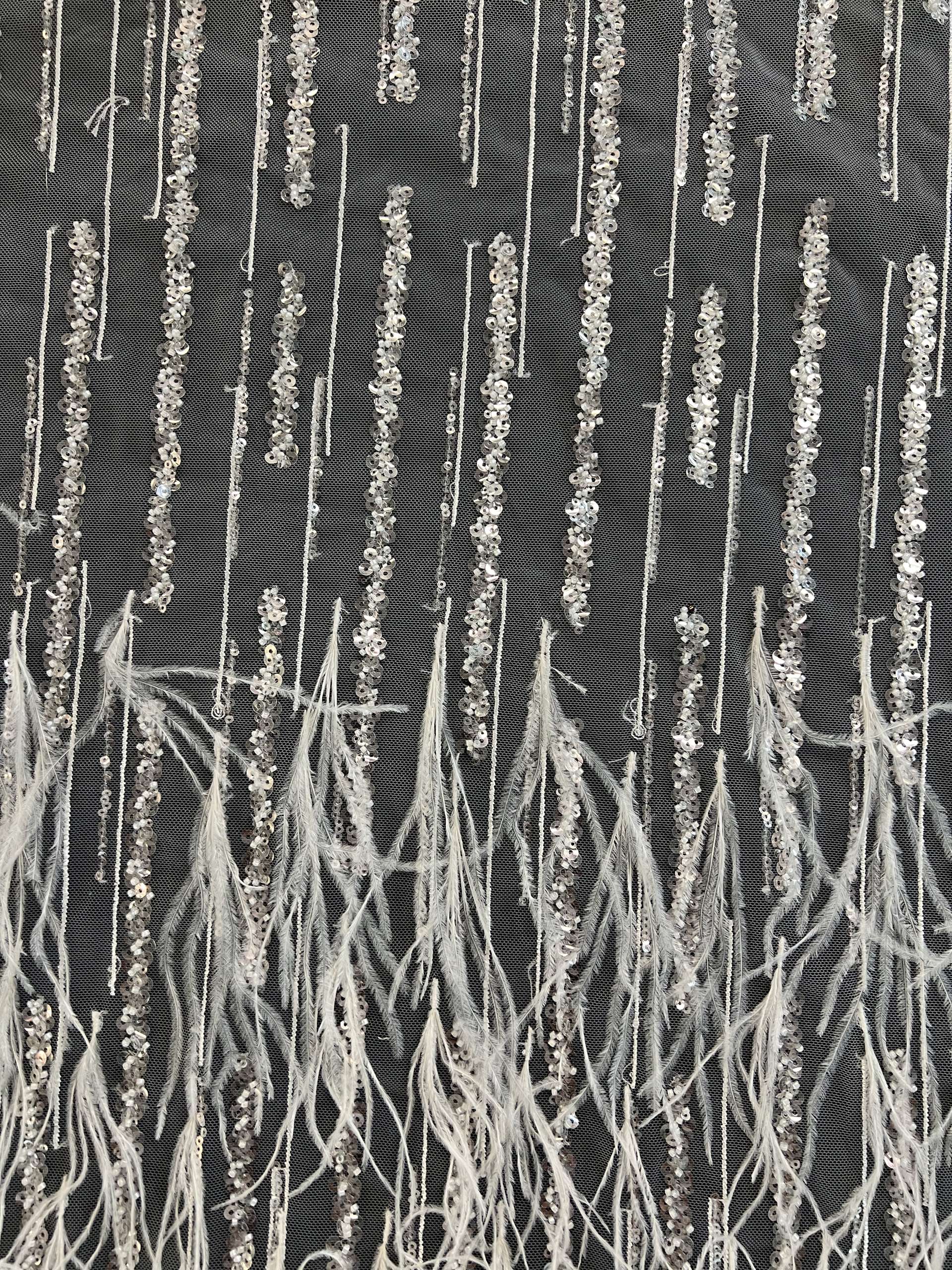 Embroiled Tulle in Bridal White with Hand Applied Ostrich Feather, Sequins & Beads  