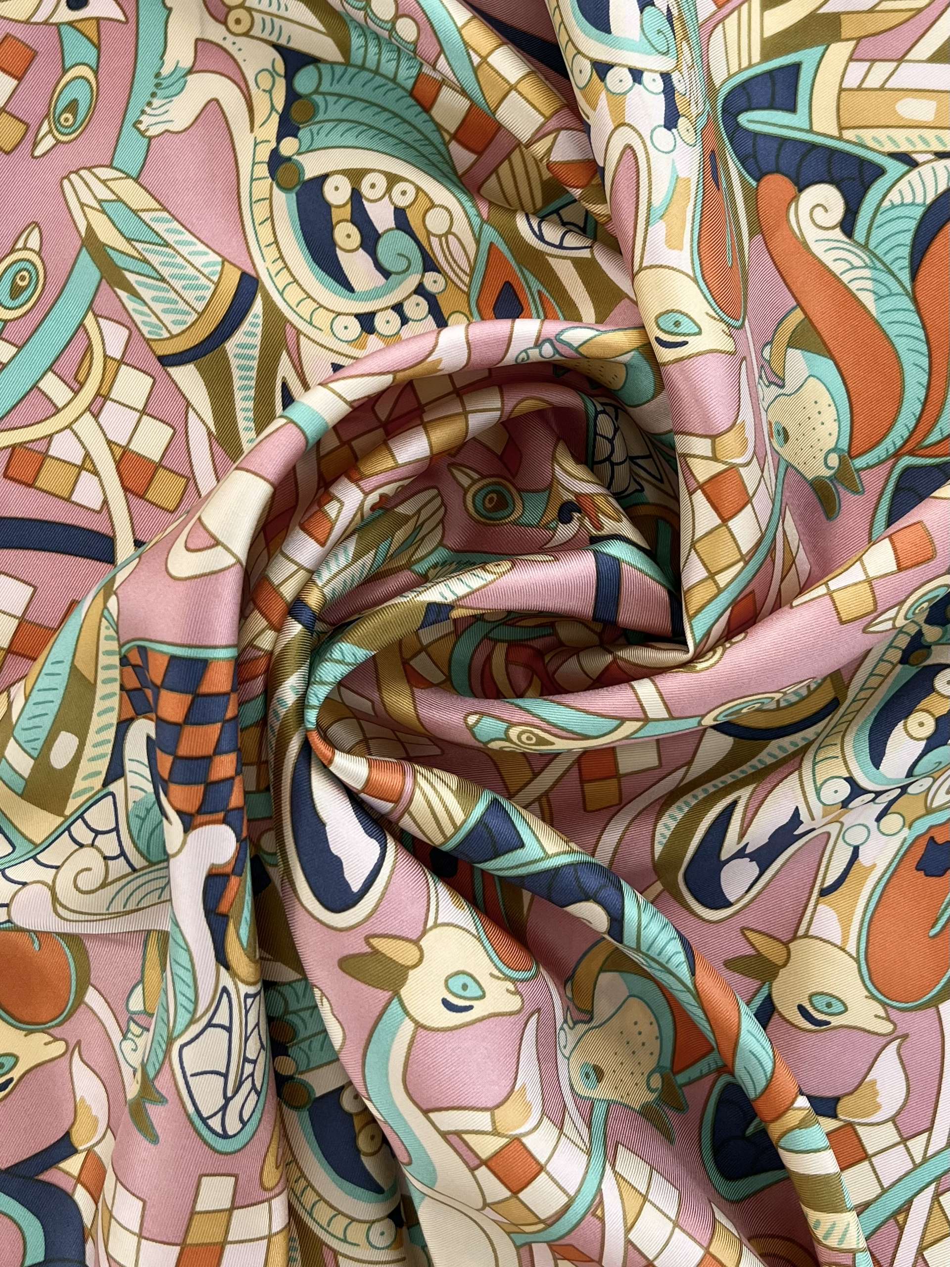 Silk Twill Prints Panel in Pink "Guardian Creatures"