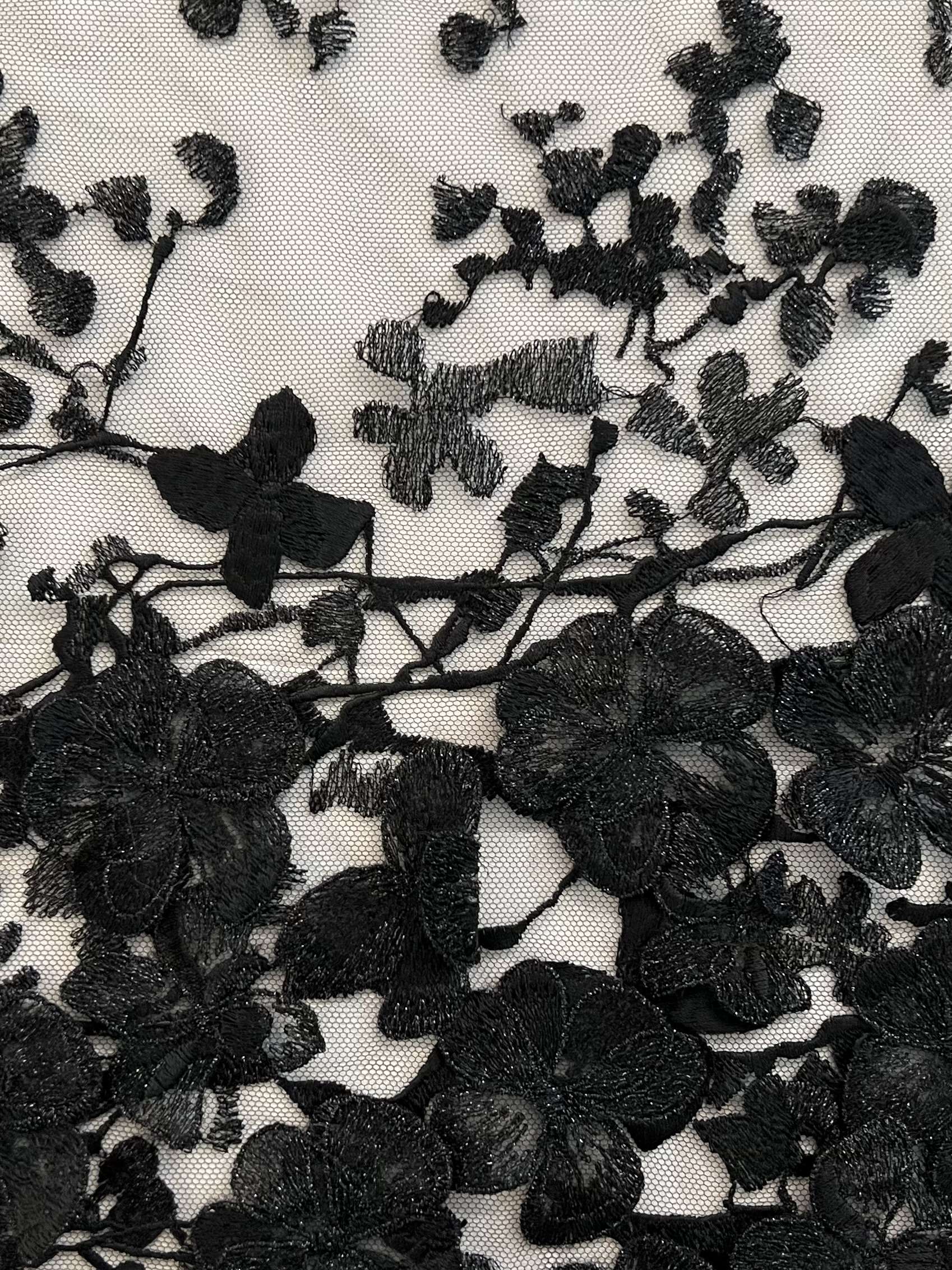 Embroidered Tulle with 3 D Flowers Appliqué in Black