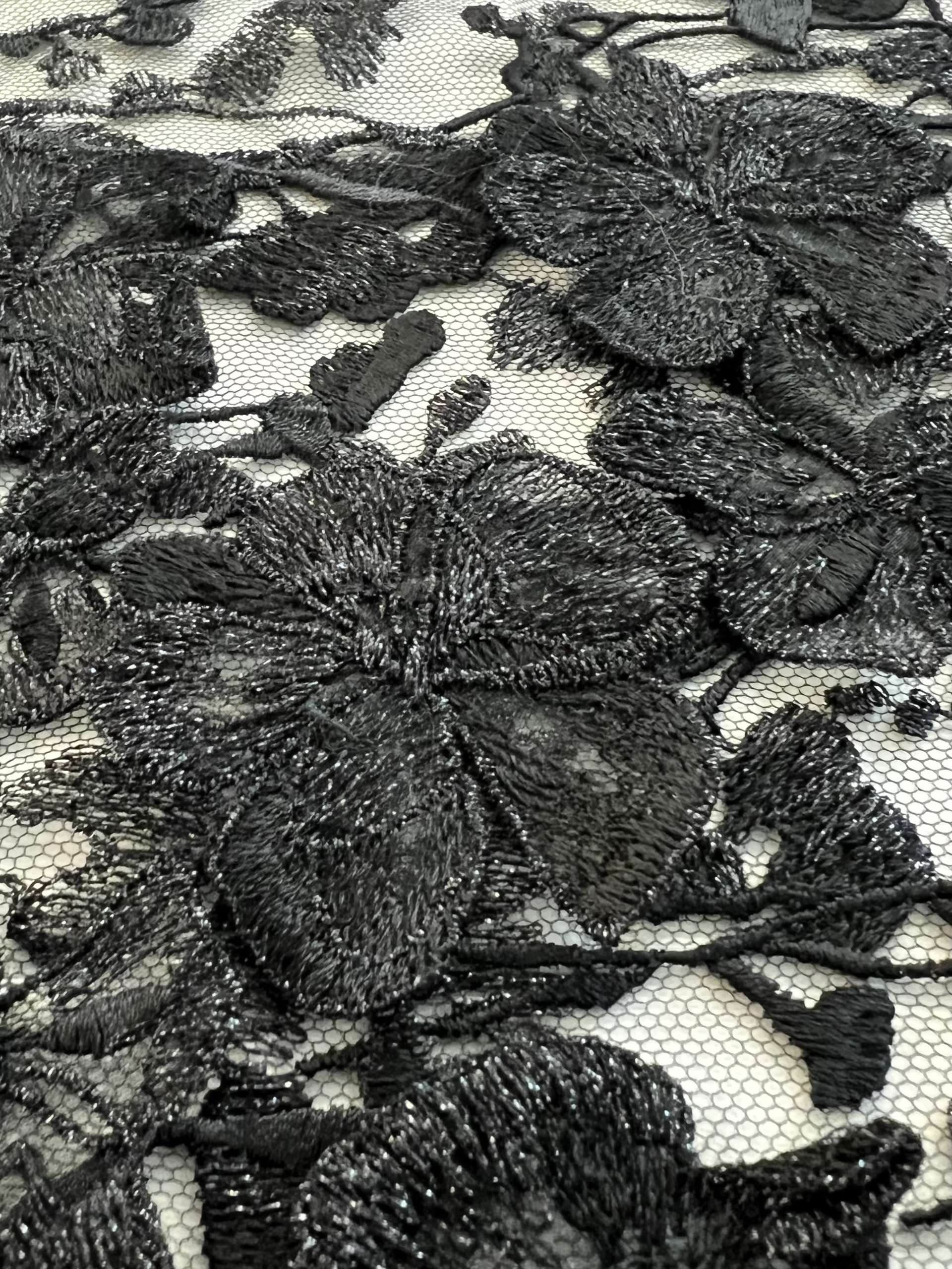 Embroidered Tulle with 3 D Flowers Appliqué in Black