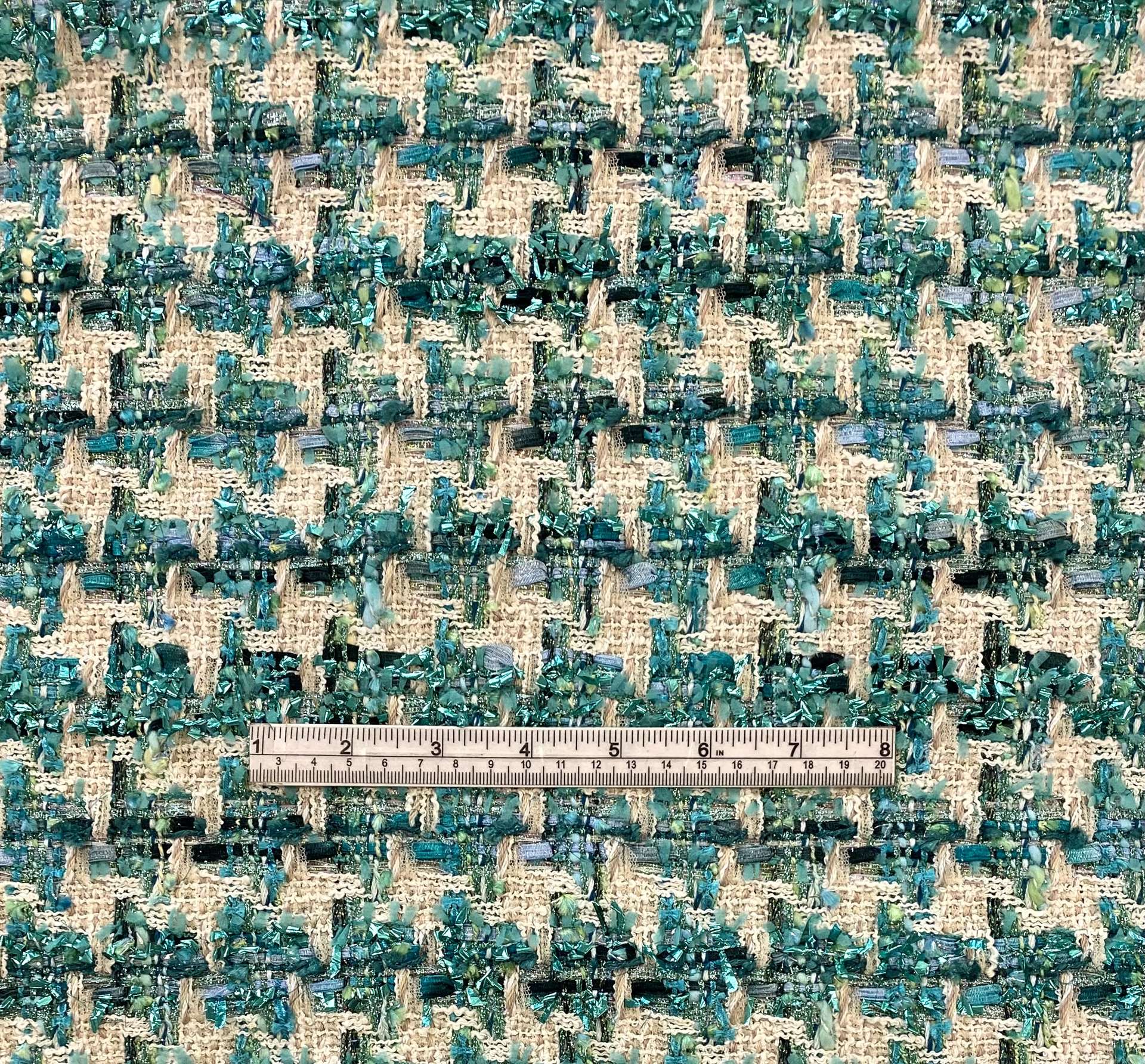 Italian Couture Cotton Blend Metallic Tweed in Turquoise