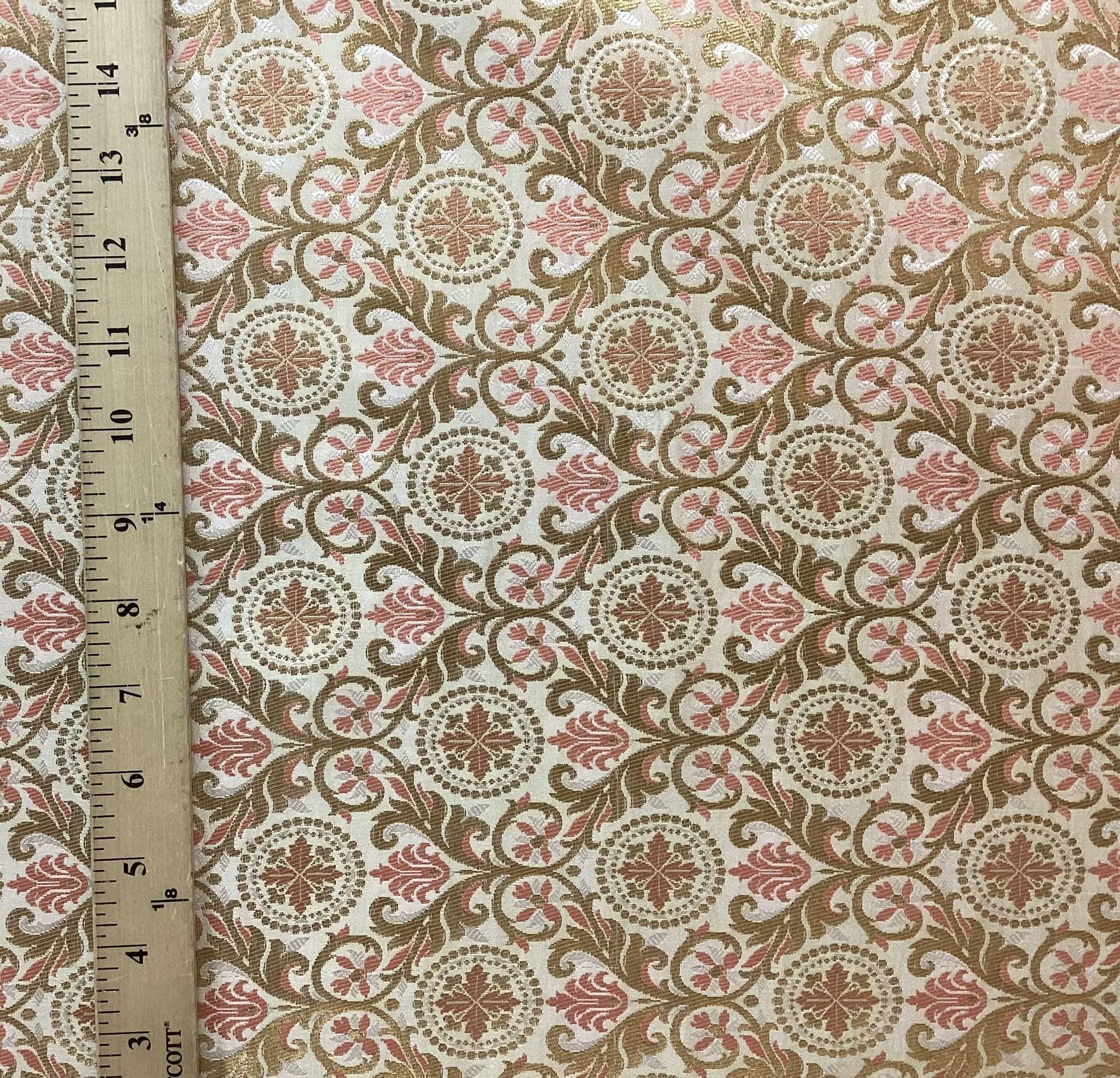 Metallic Brocade in Off White with Gold & Pink