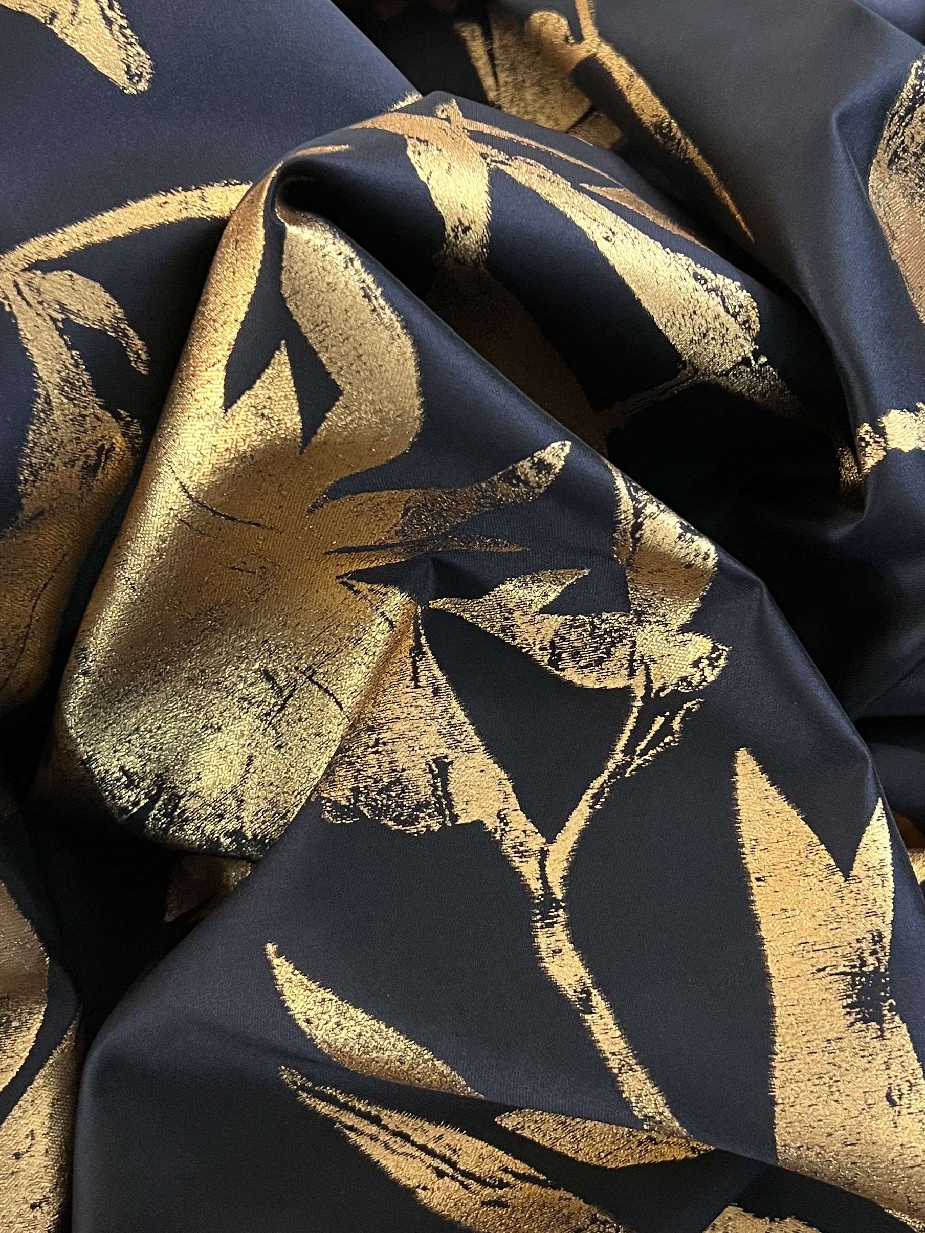 Silk & Polyester "Foil Print" Woven Mikado Panel in Navy