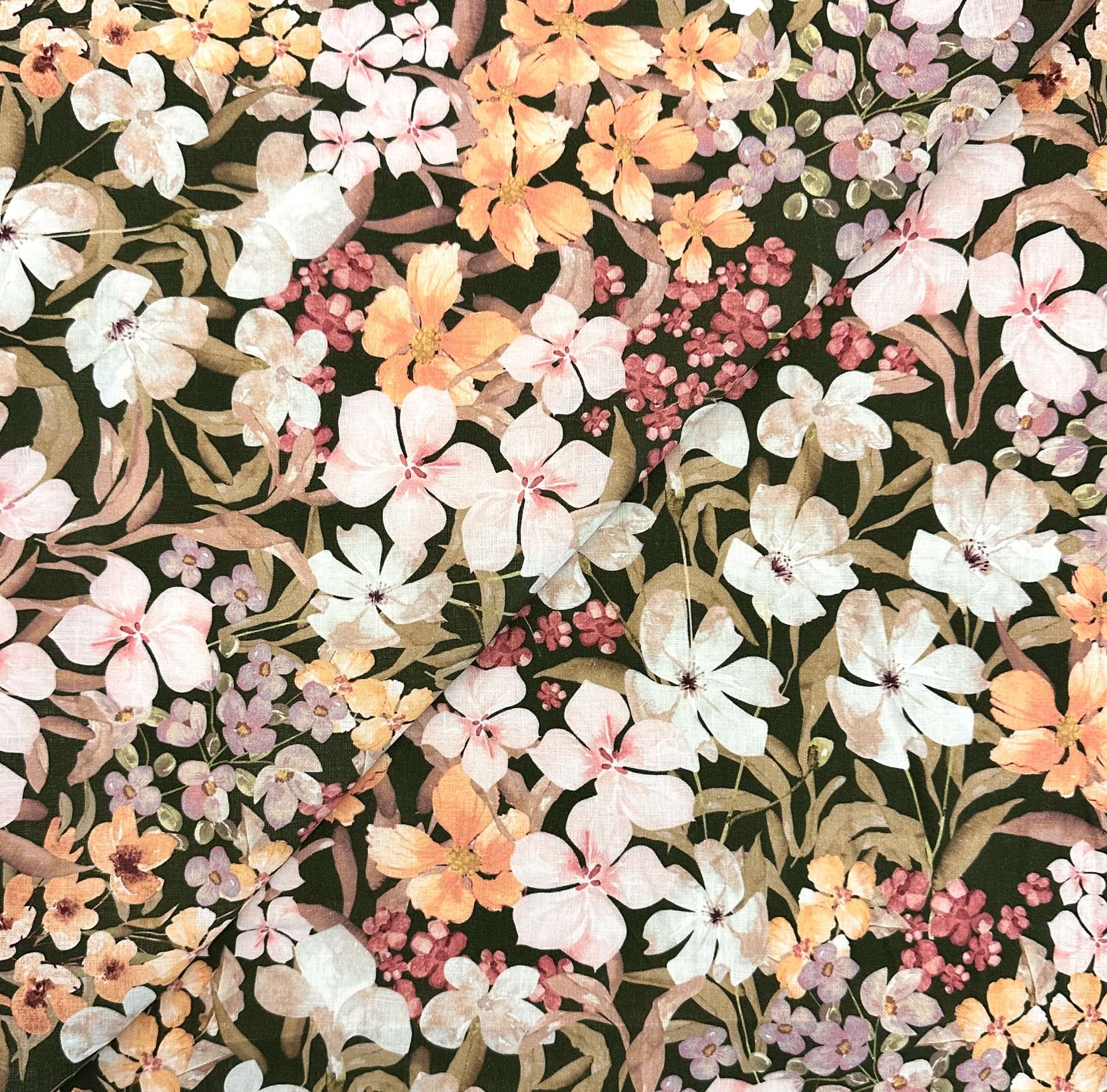 Handkerchief Linen with Floral Print in Multi Dark Olive