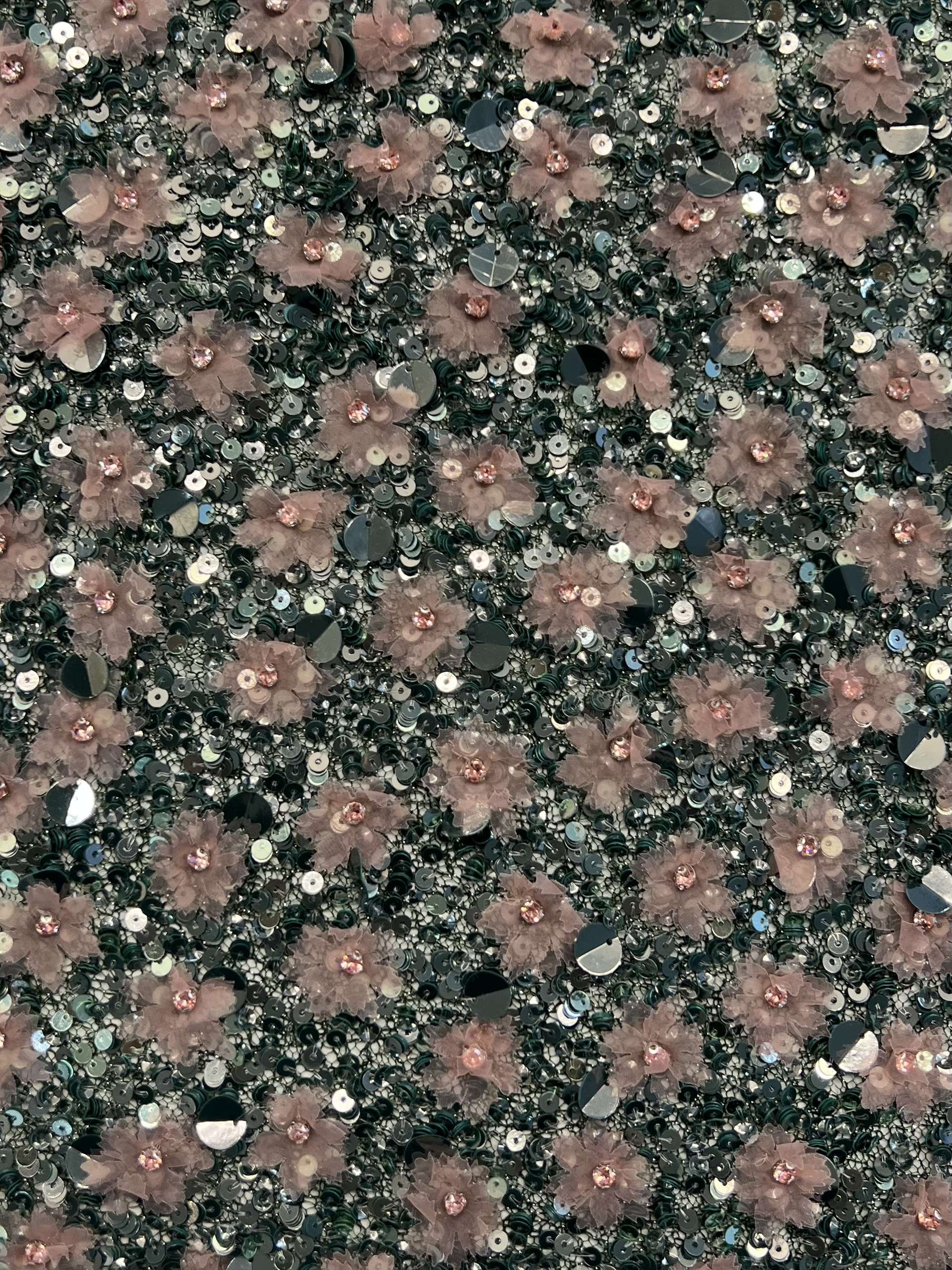 Metallic Novelty Green Net with Hand Sewn Sequin & Paillettes and Laser Cut Pink Flowers.