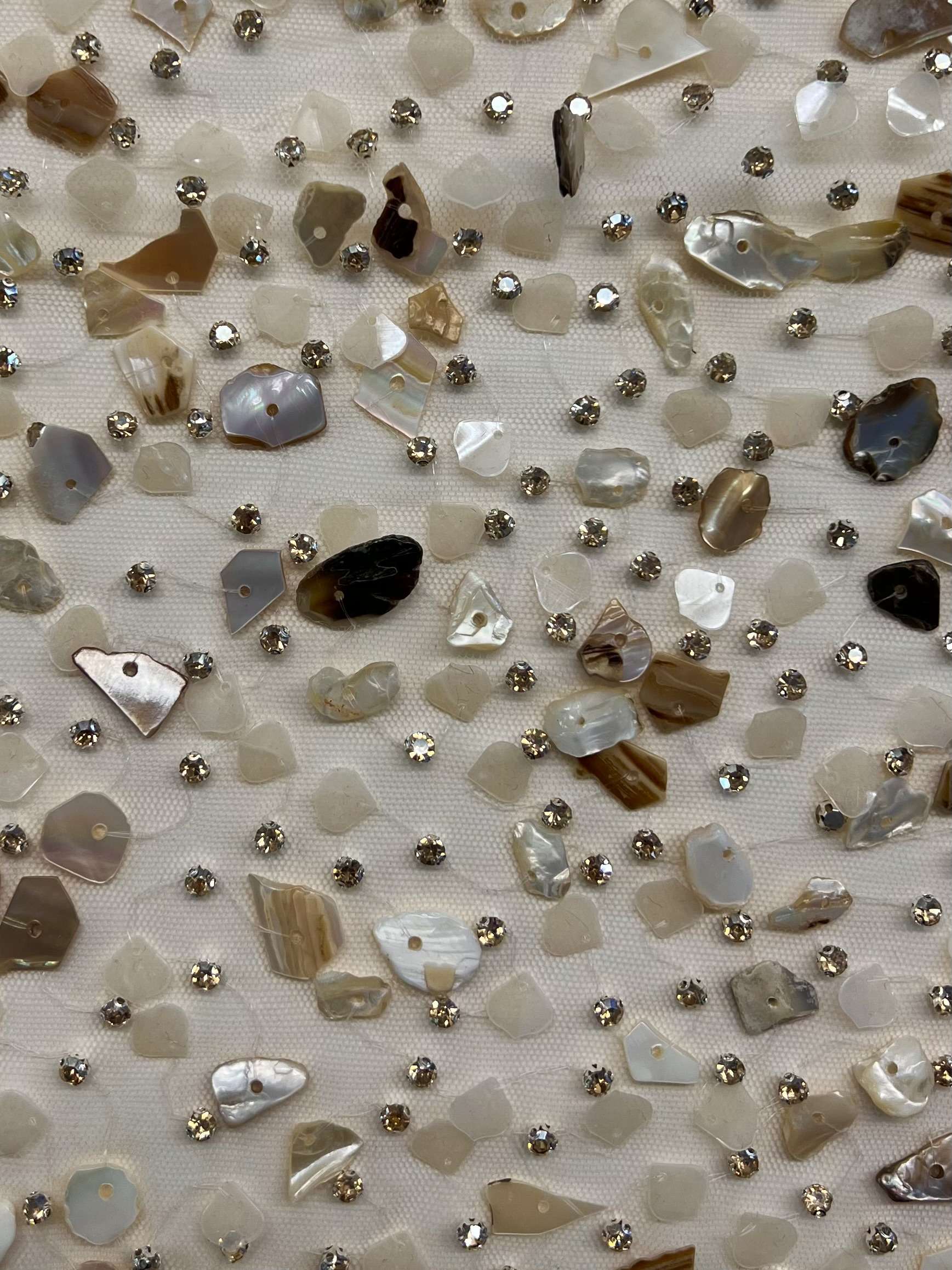 Mother of Pearl, Abalone Shells and Crystals on Nude Tulle