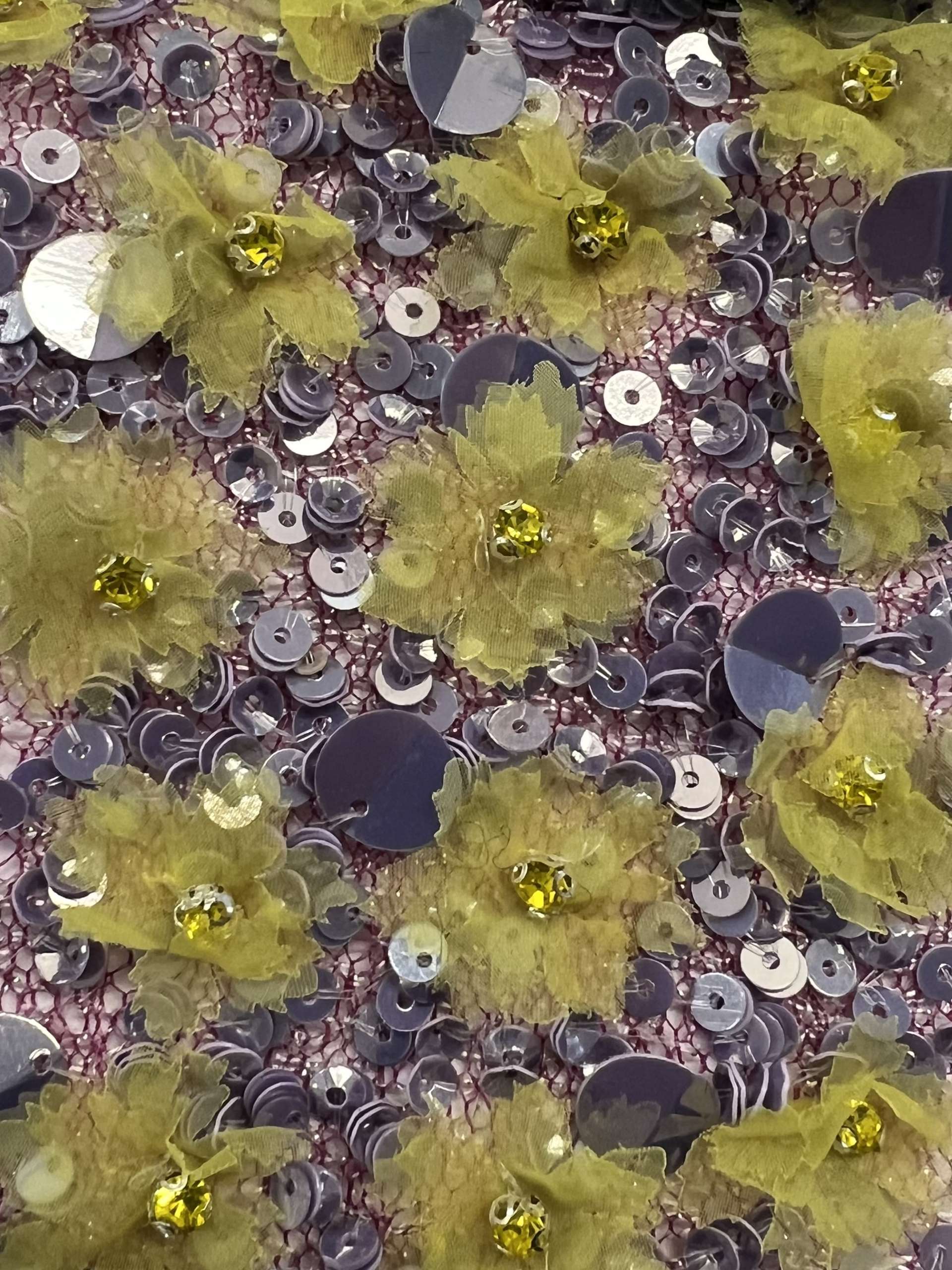 Metallic Novelty Magenta Net with Hand Sewn Sequin & Paillettes and Laser Cut Chartreuse Flowers.