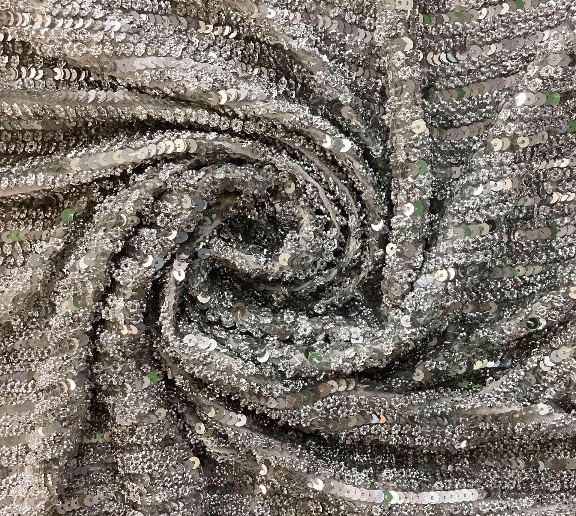 Sequins and Beads on Silk Chiffon in White/Sliver