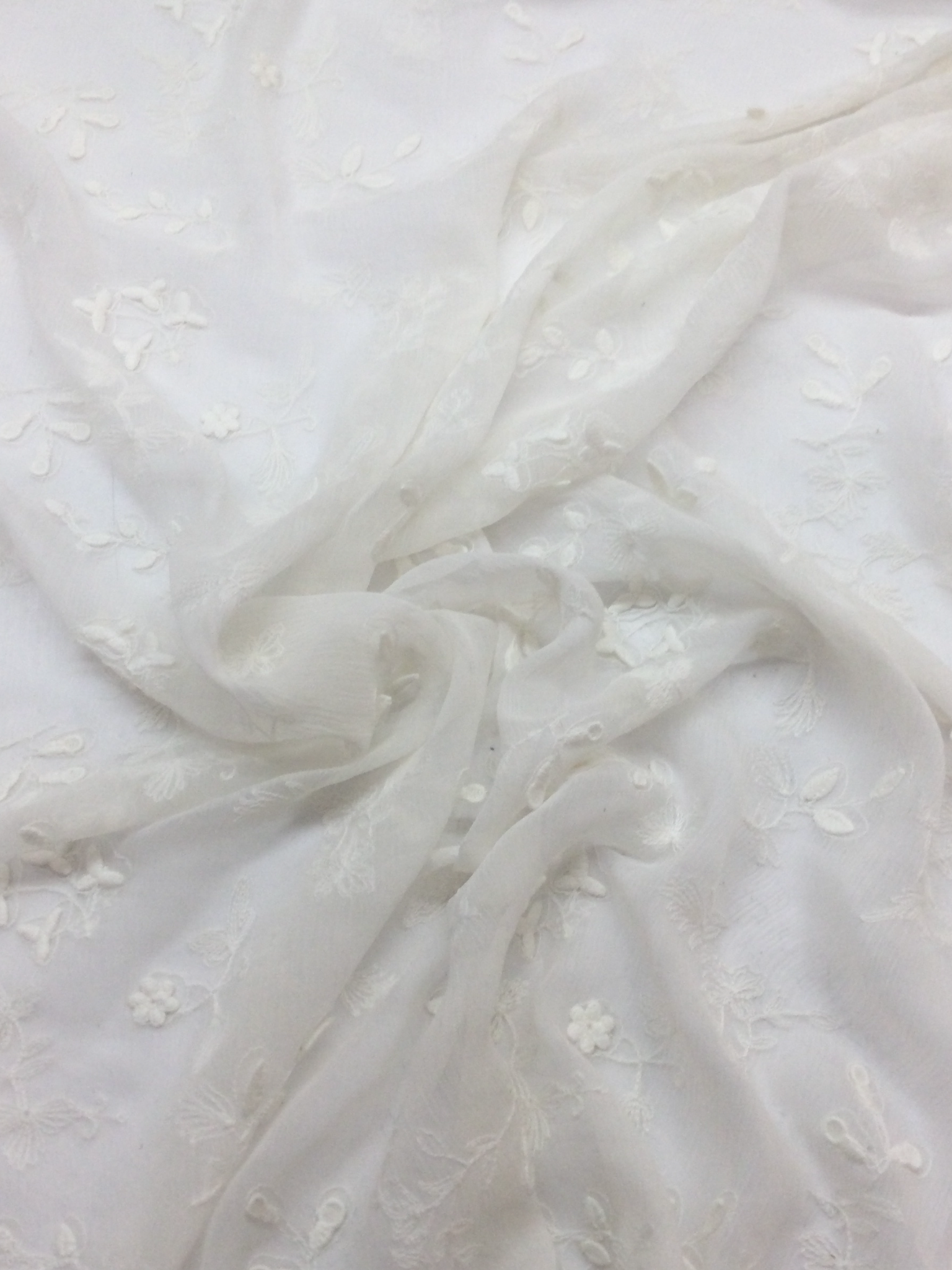 Embroidered Crinkled Silk Chiffon in Off White