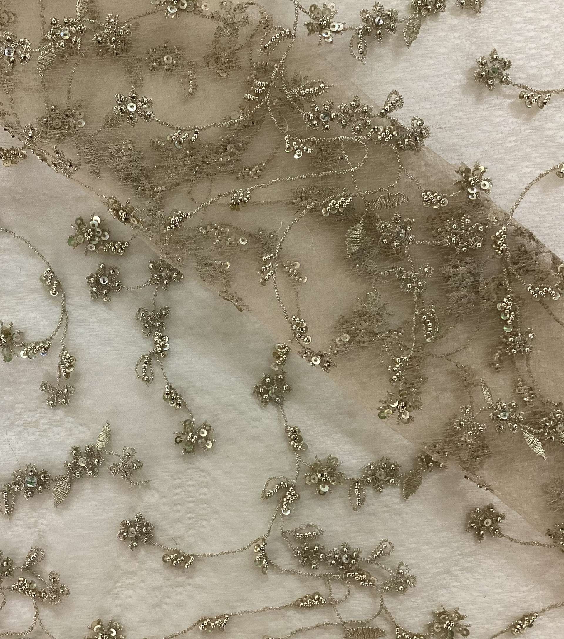 Novelty Beaded Embroidery On Soufflé In Antique Gold