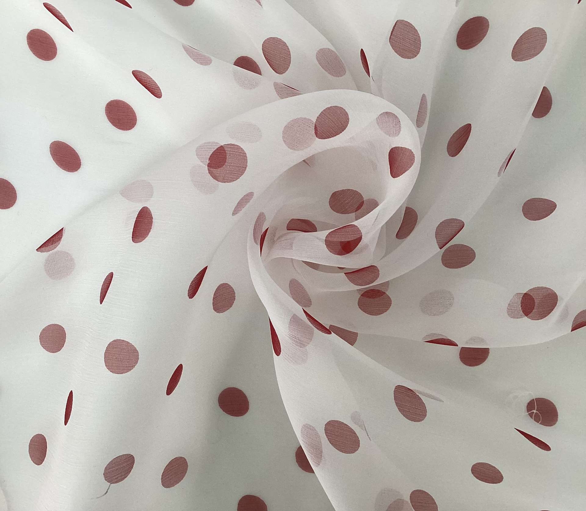 100% Pure Silk Chiffon Dots Printed In Red On White