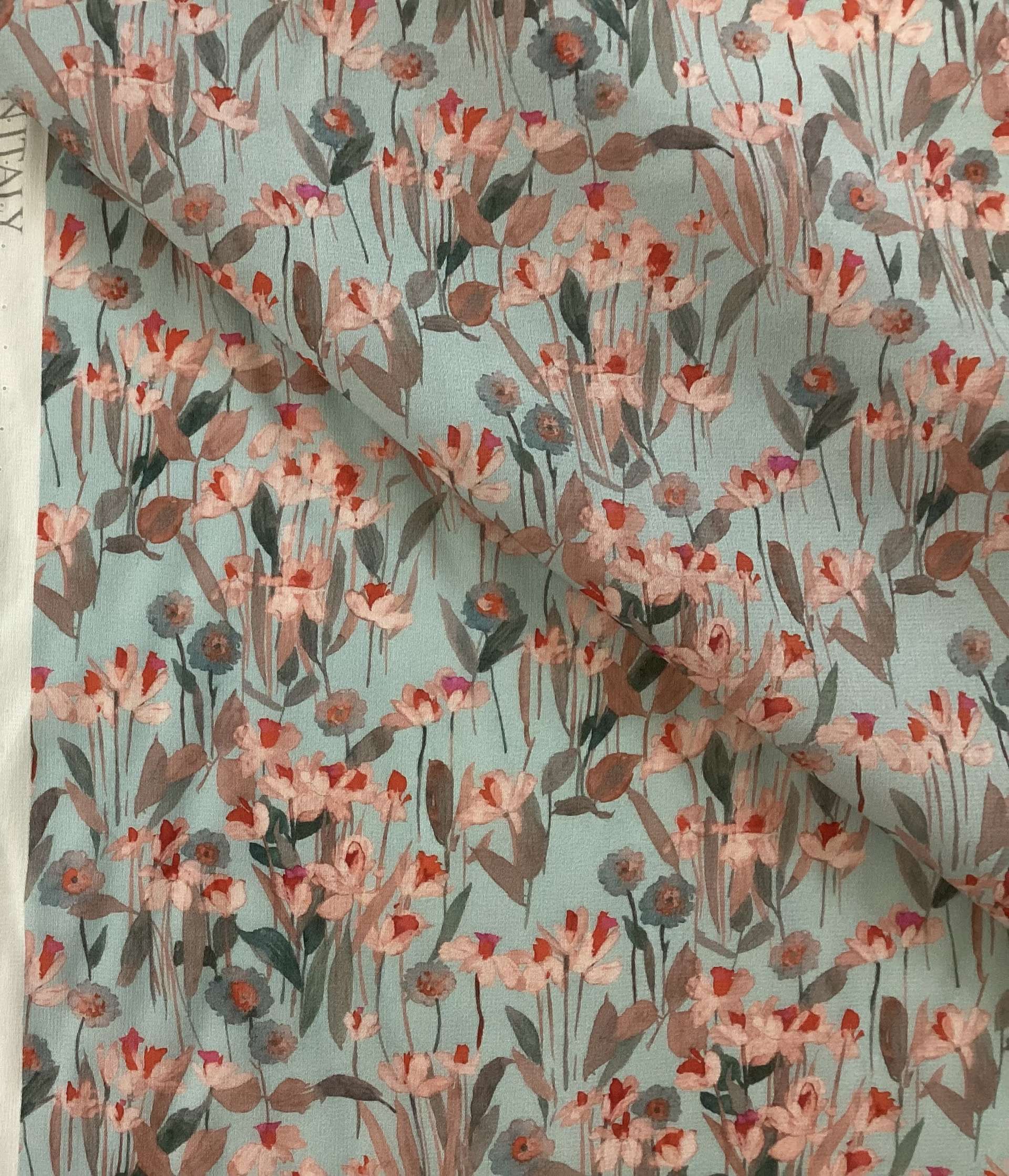 Made in Italy 100% Silk Crepe De Chine Floral Print In Aquamarine Background 
