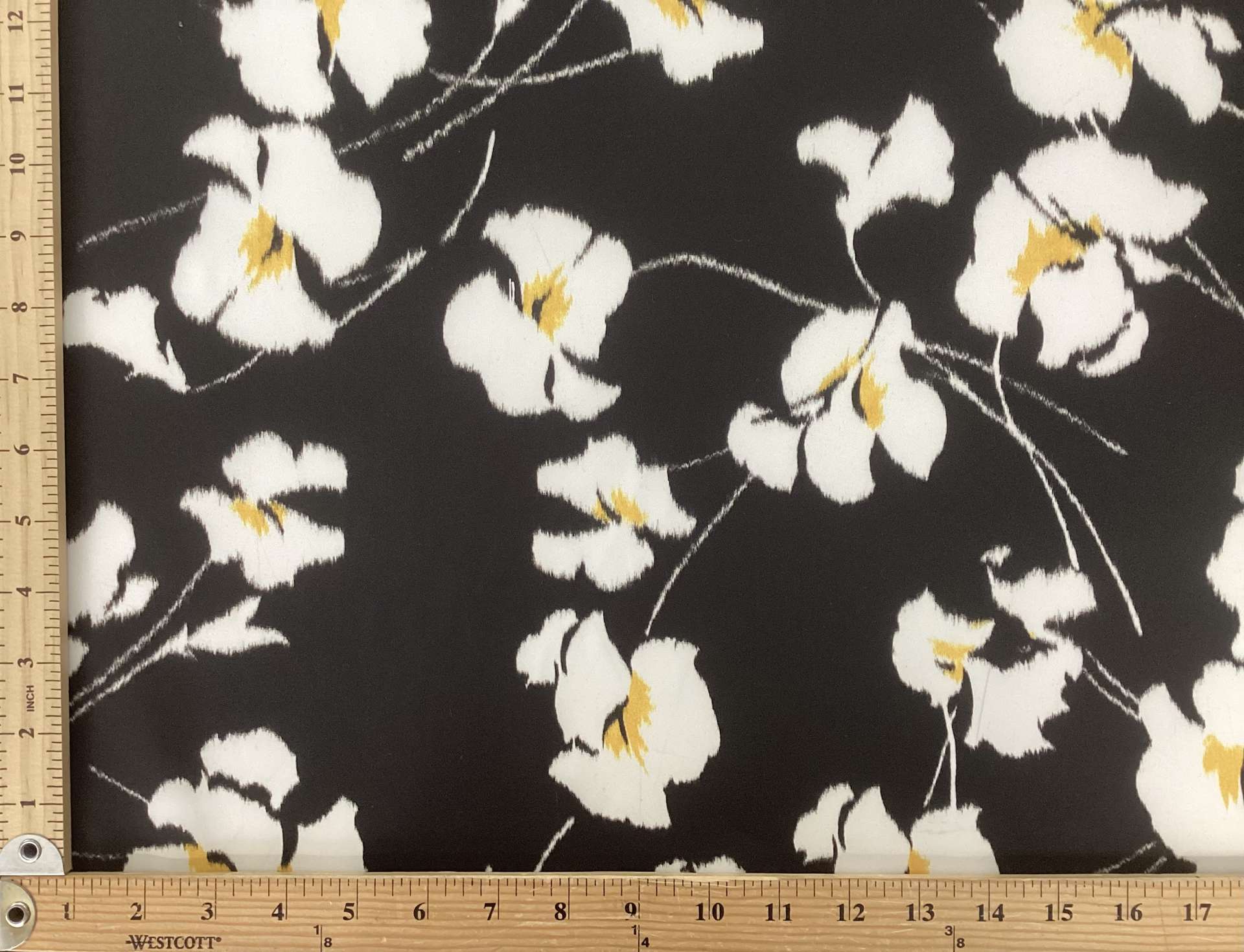 Polyester Warped Printed Floral Taffeta in Black White Yellow
