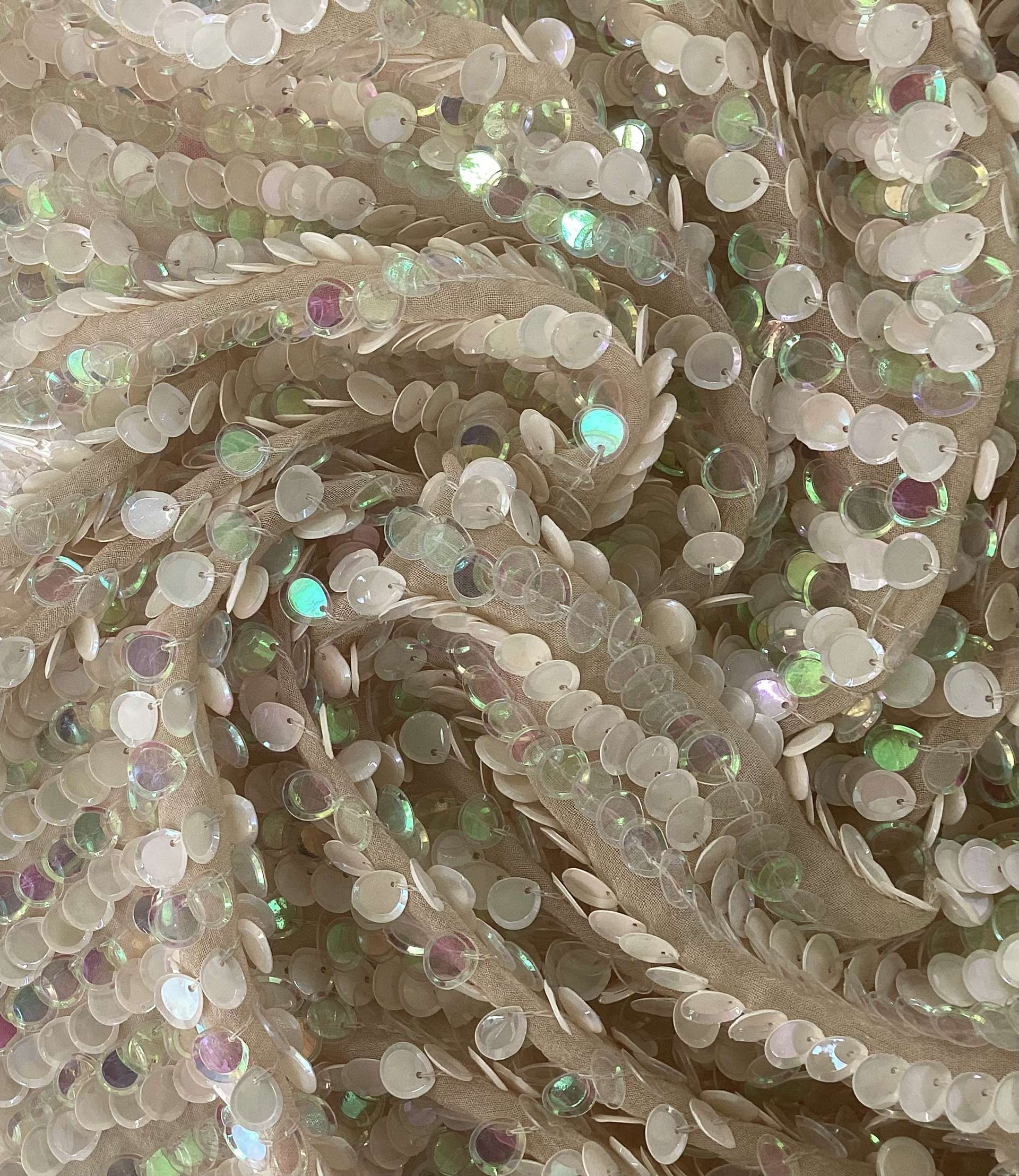 Rows of Opalescent and Ivory Pailettes on Silk Chiffon In Ballerina 