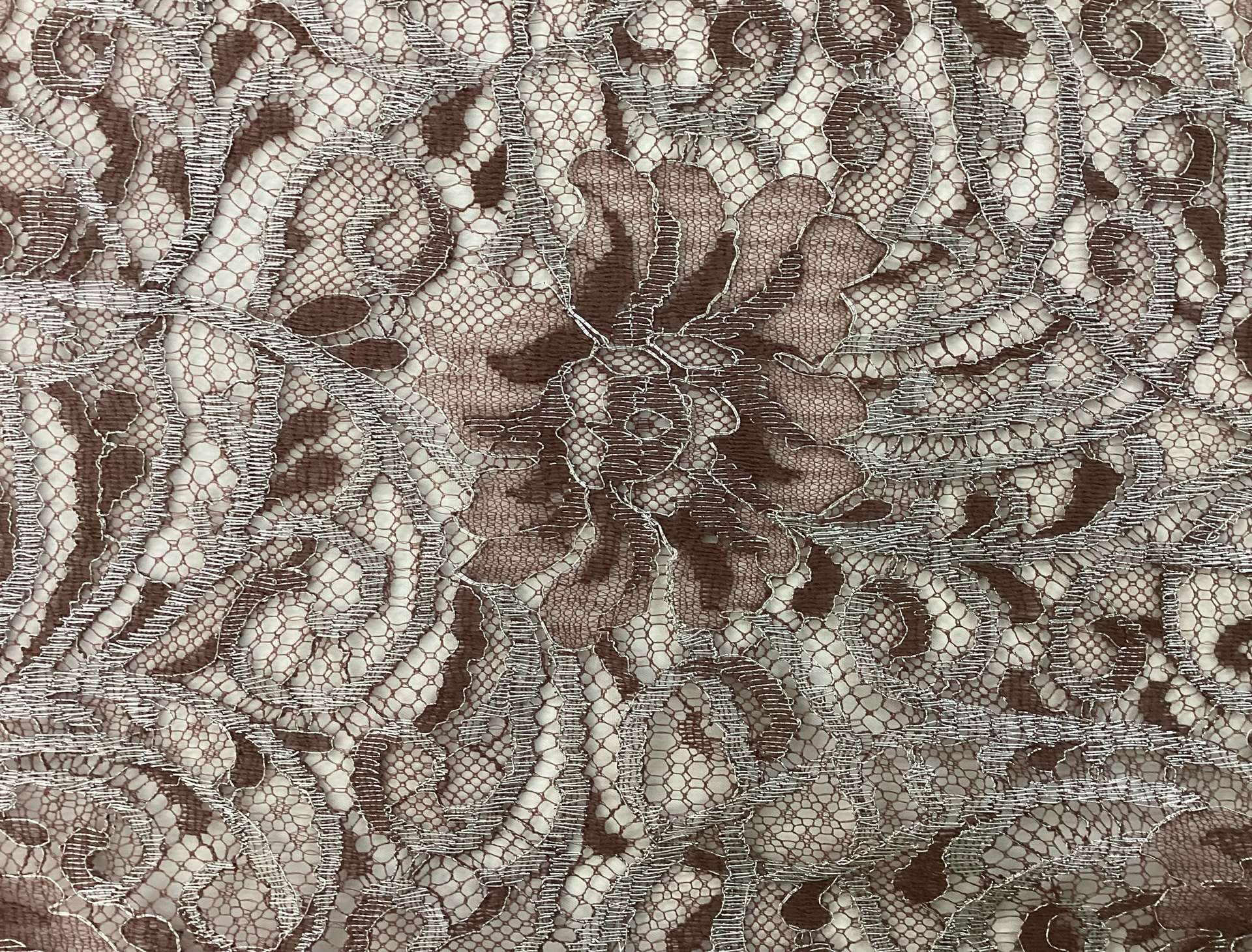 Metallic Chantilly Lace In Mauve & Sliver