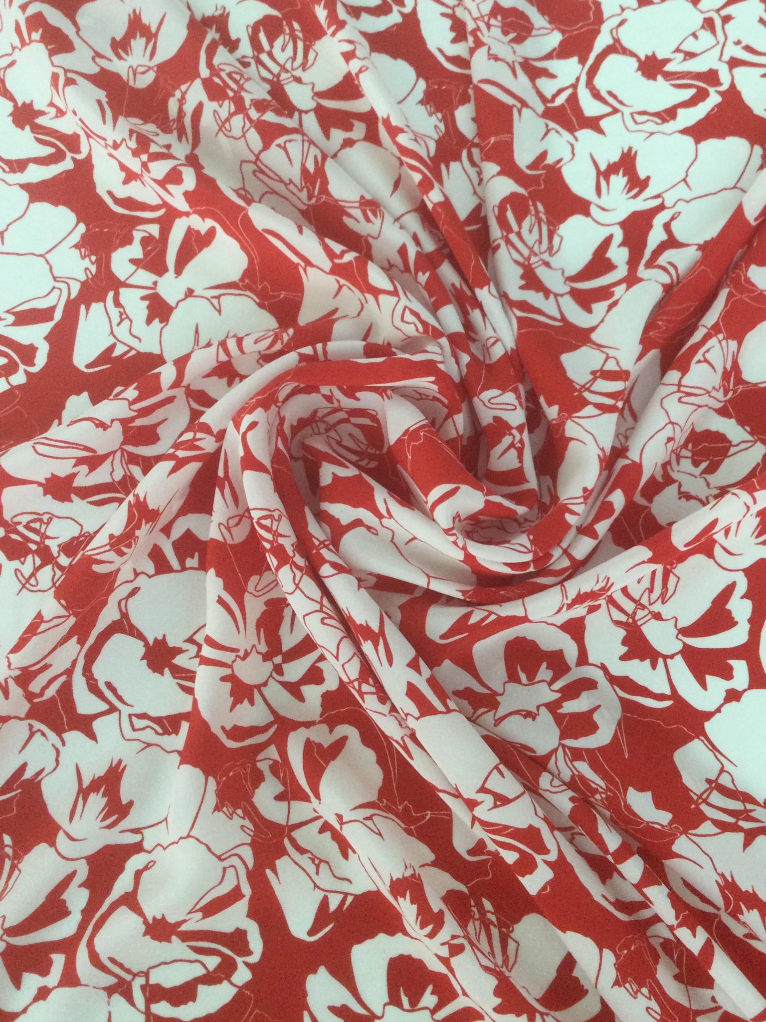 Printed Pure Silk Crepe de Chine with Red & White Flowers 