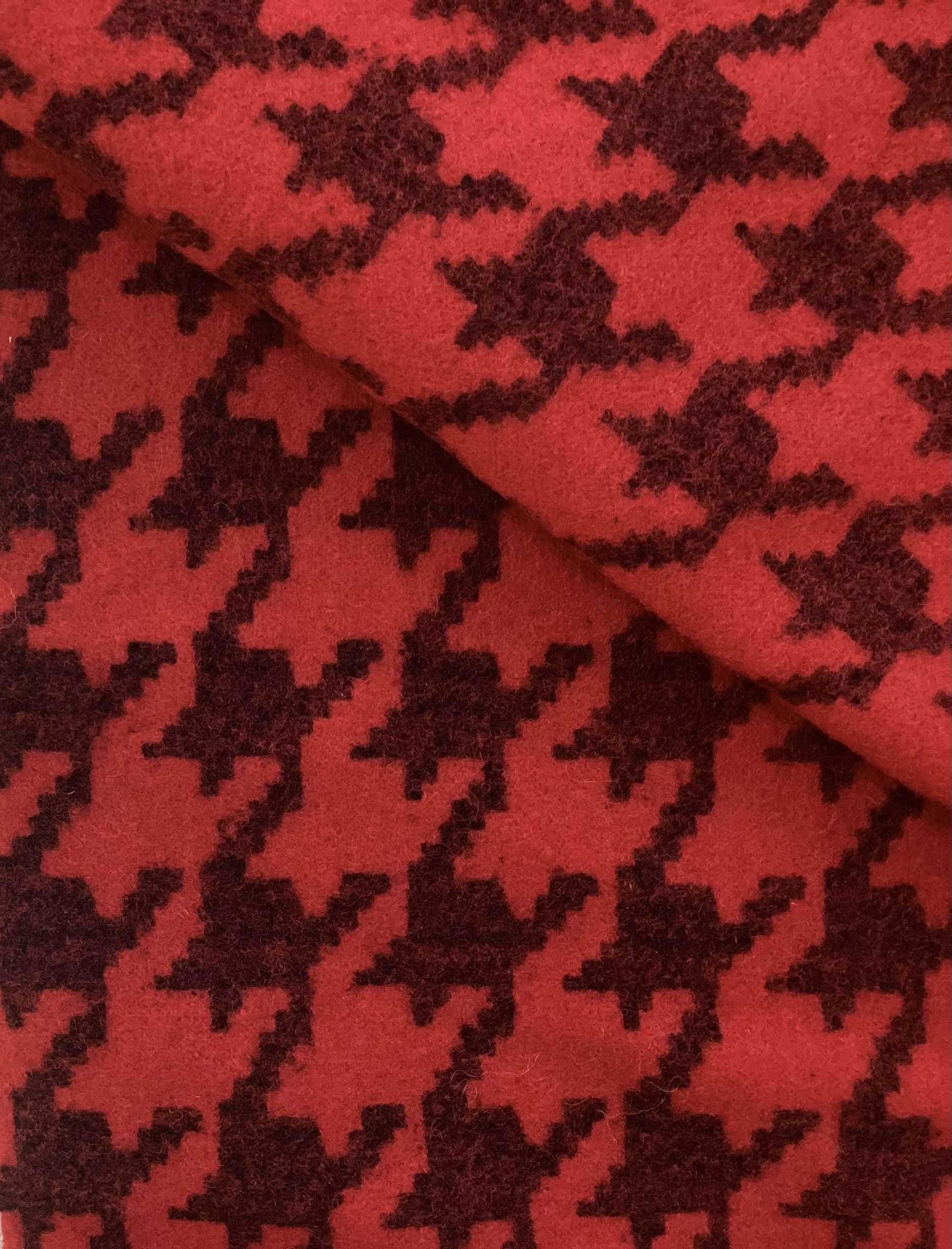 Printed Boiled Wool Blend Coating in Houndstooth Red & Black