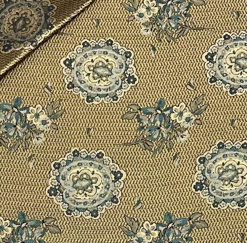 Italian Silk Tie Floral Brocade in Antique Gold Ground with Teal 
