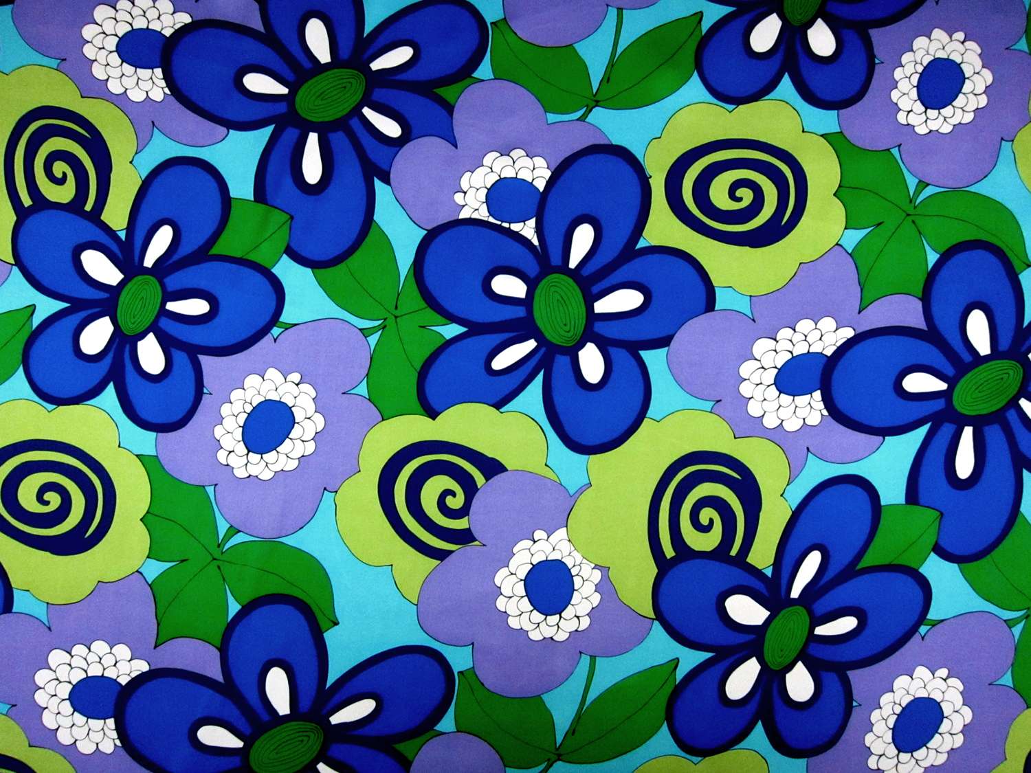 Printed Silk Charmeuse 1960s Floral in Green Blue and Lavender