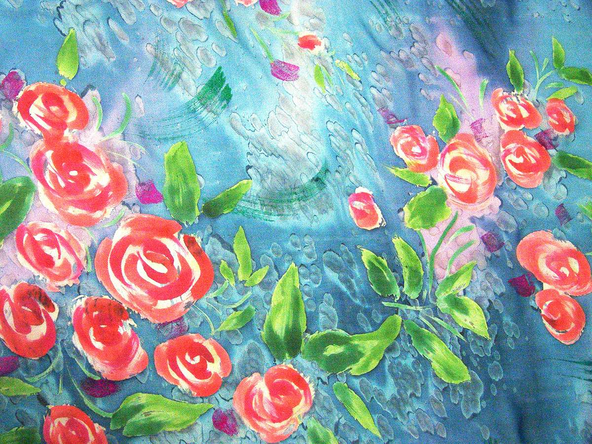 Printed Metallic Silk Chiffon Red Pink Purple Floral On Light-Blue Background
