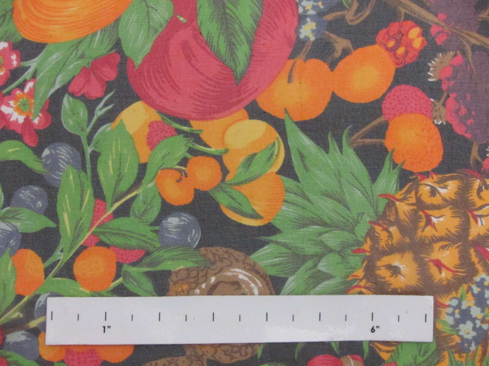 Printed Silk Chiffon Oranges Raspberries Blueberries Coconuts Multicolor Floral On Black Background