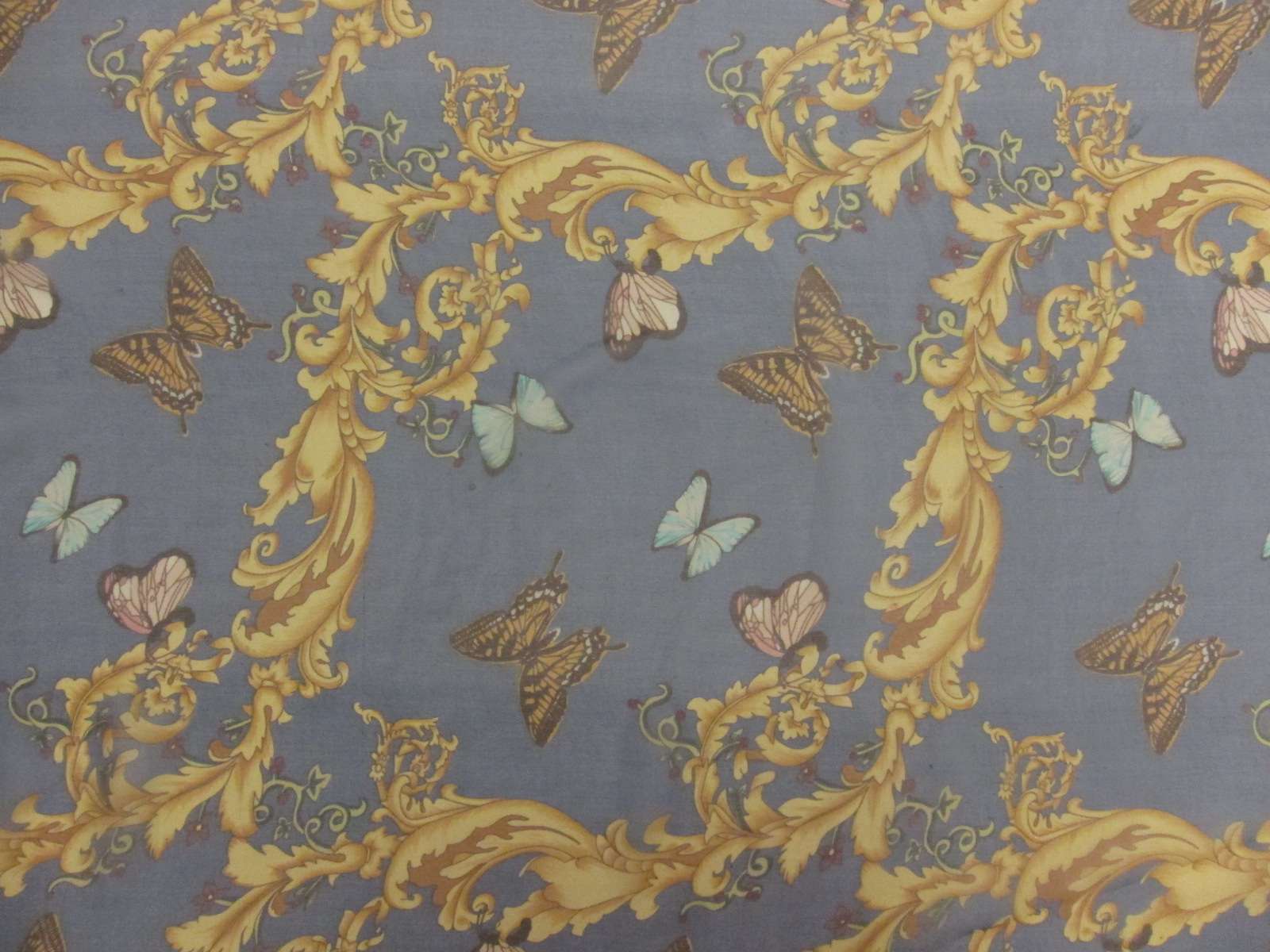 Printed Silk Chiffon Blue Pink Orange White Black Butterfly Yellow Purple Floral On Grey Background
