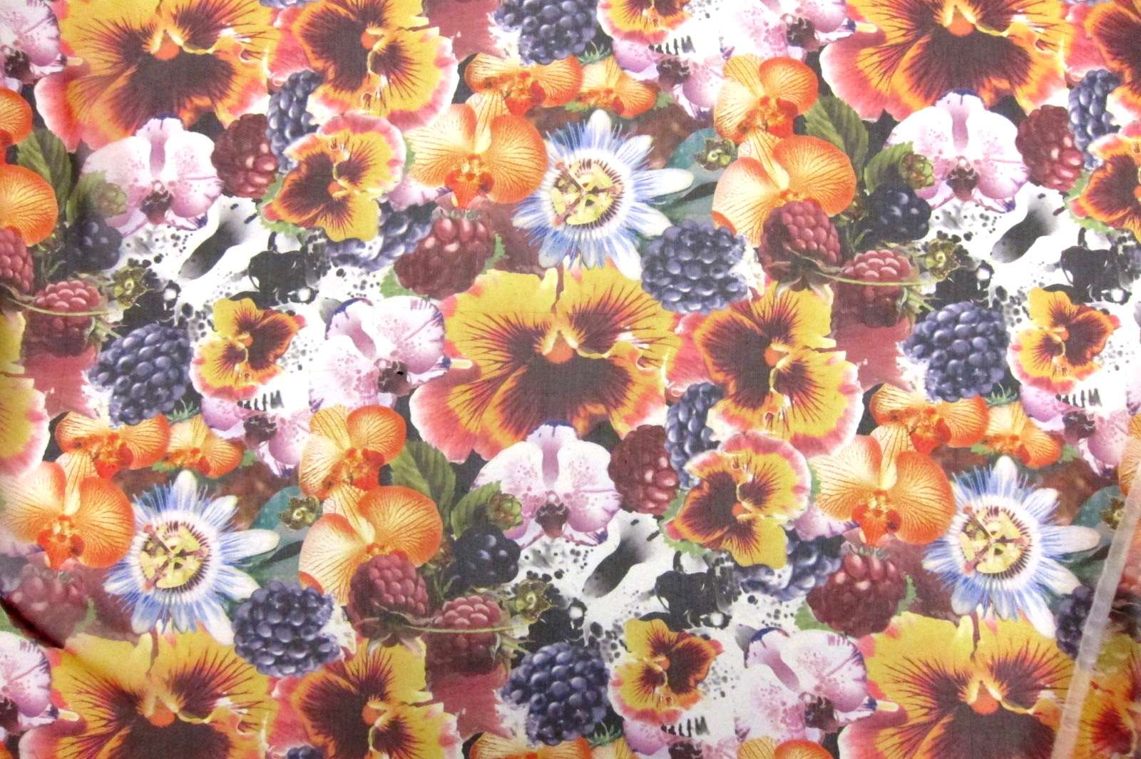 Printed Silk Chiffon Raspberries Blackberries Multicolor Floral Print