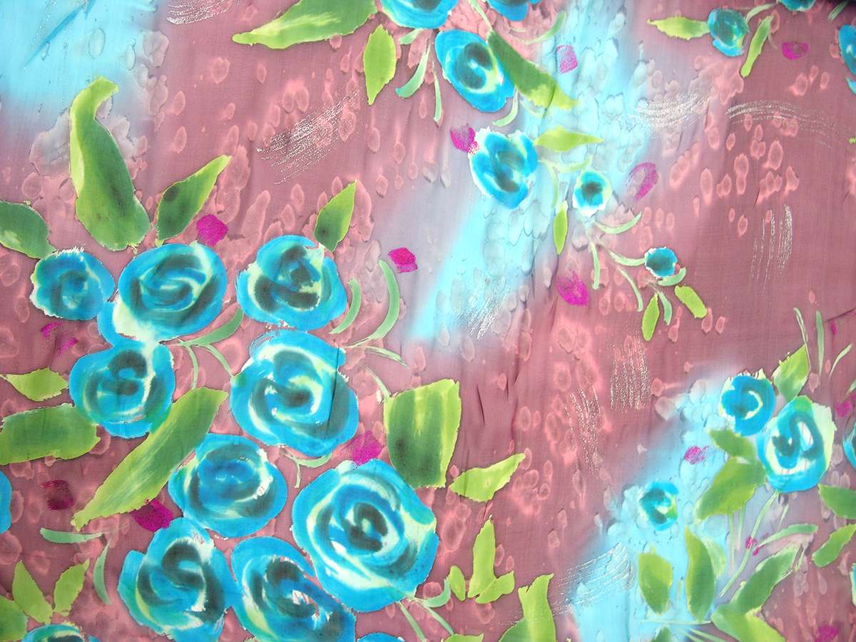 Printed Metallic Silk Chiffon Blue Purple Florals On Blue Pink Background