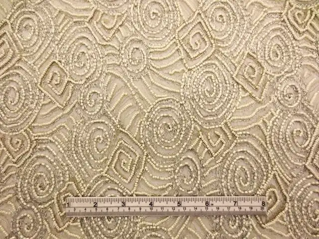 Double scallop silver and cream geometric beaded metallic French Chantilly Lace