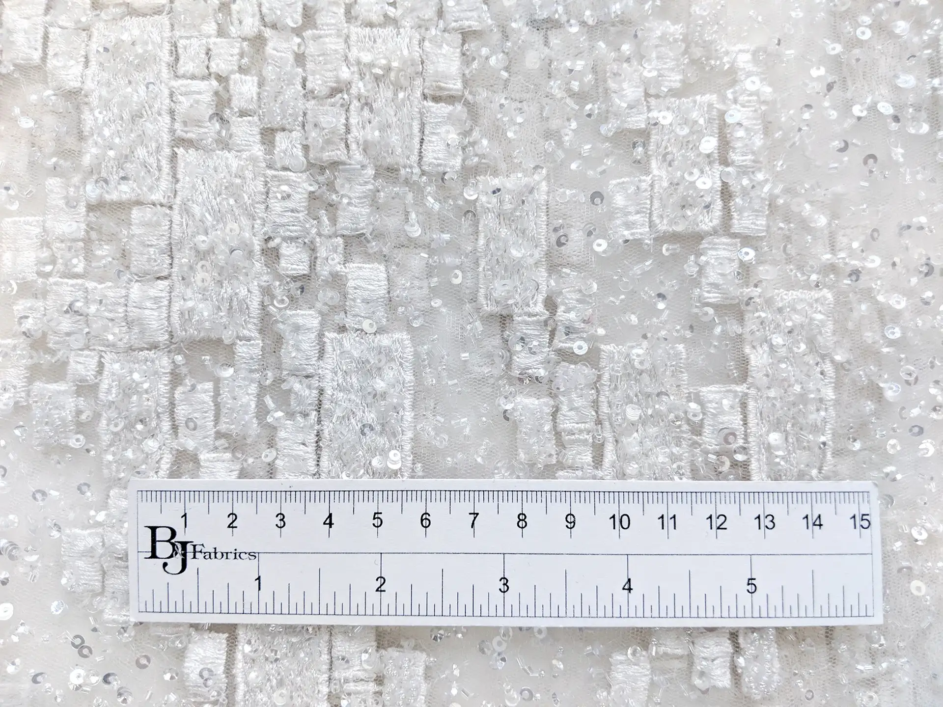 Beaded Tulle with Embroidered Squares in White