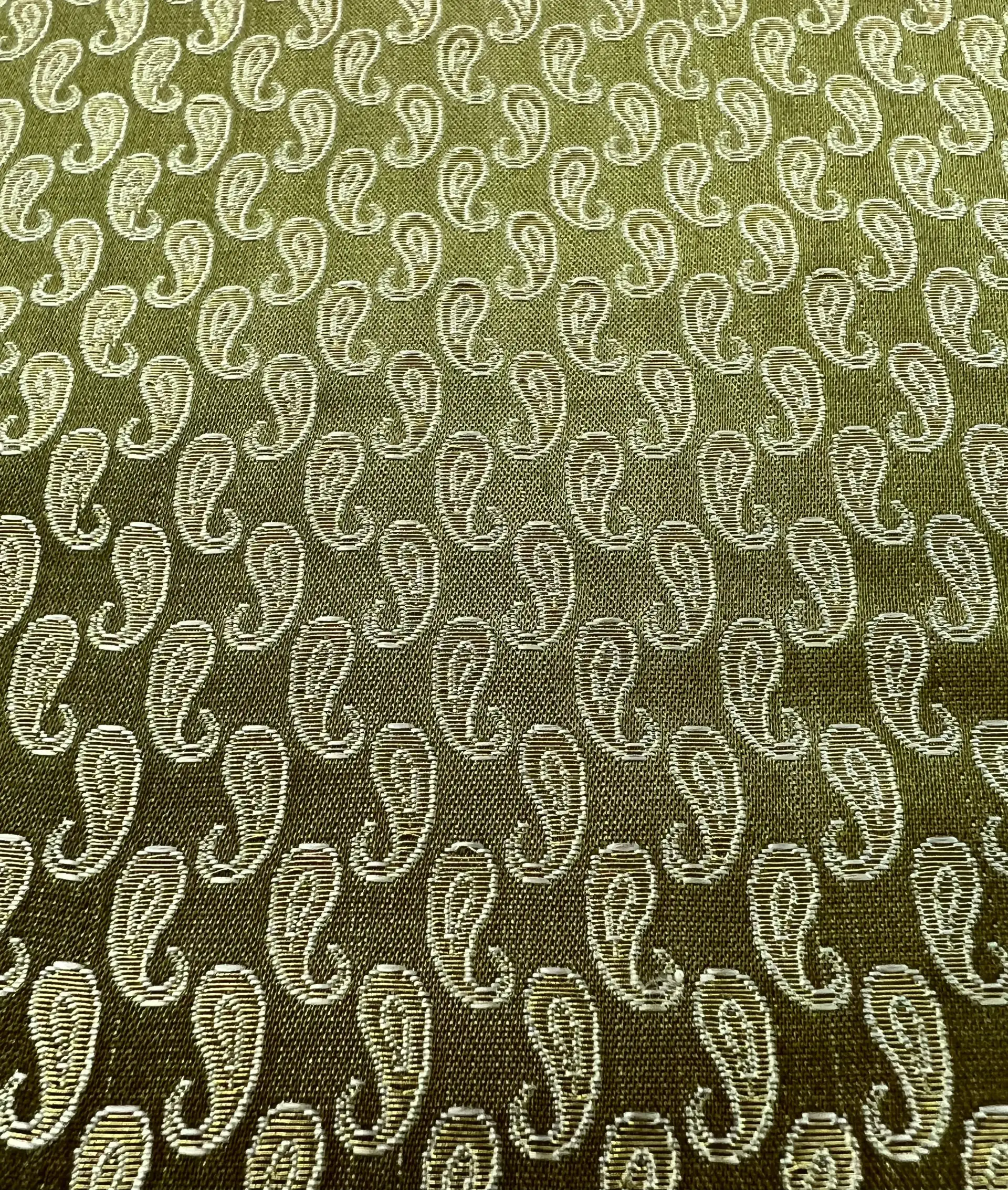 Silk Metallic Small Paisley Brocade in Green & Antique Gold