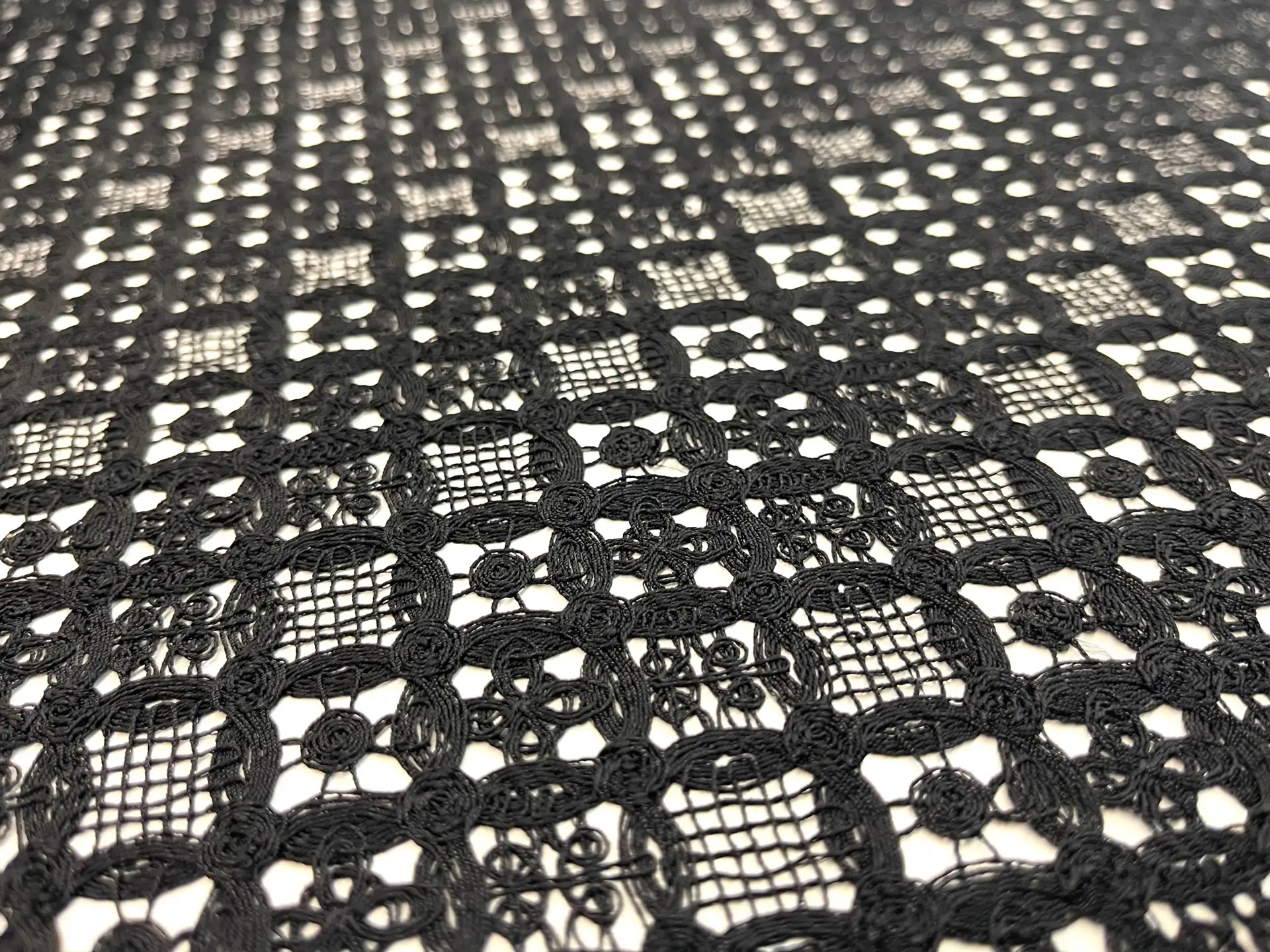 Double Scalloped Embroidered Lace in Circular Chain Link Pattern in Black