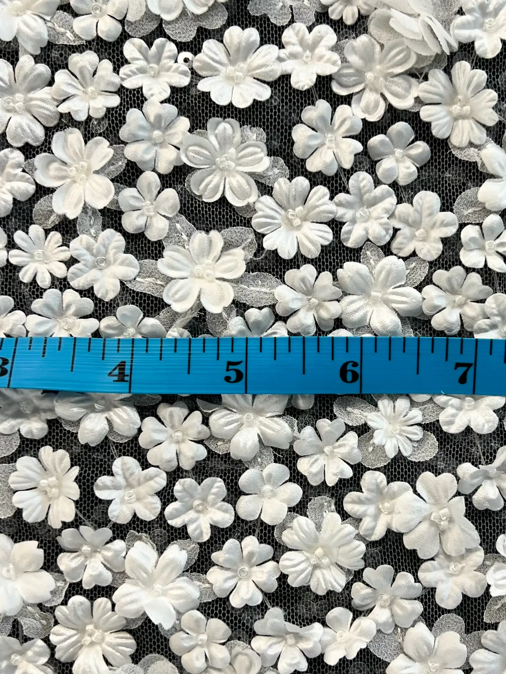 3D Appliqué Flowers and Sequins on Tulle in White