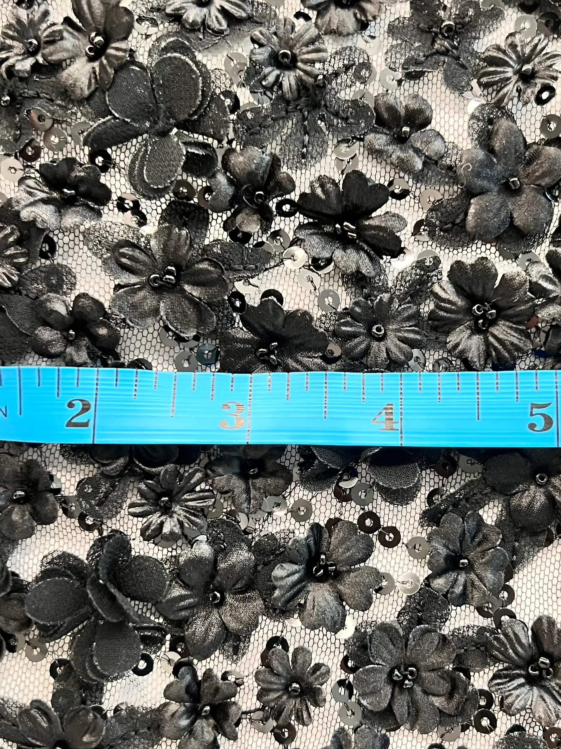 3D Appliqué Flowers and Sequins on Tulle in Black