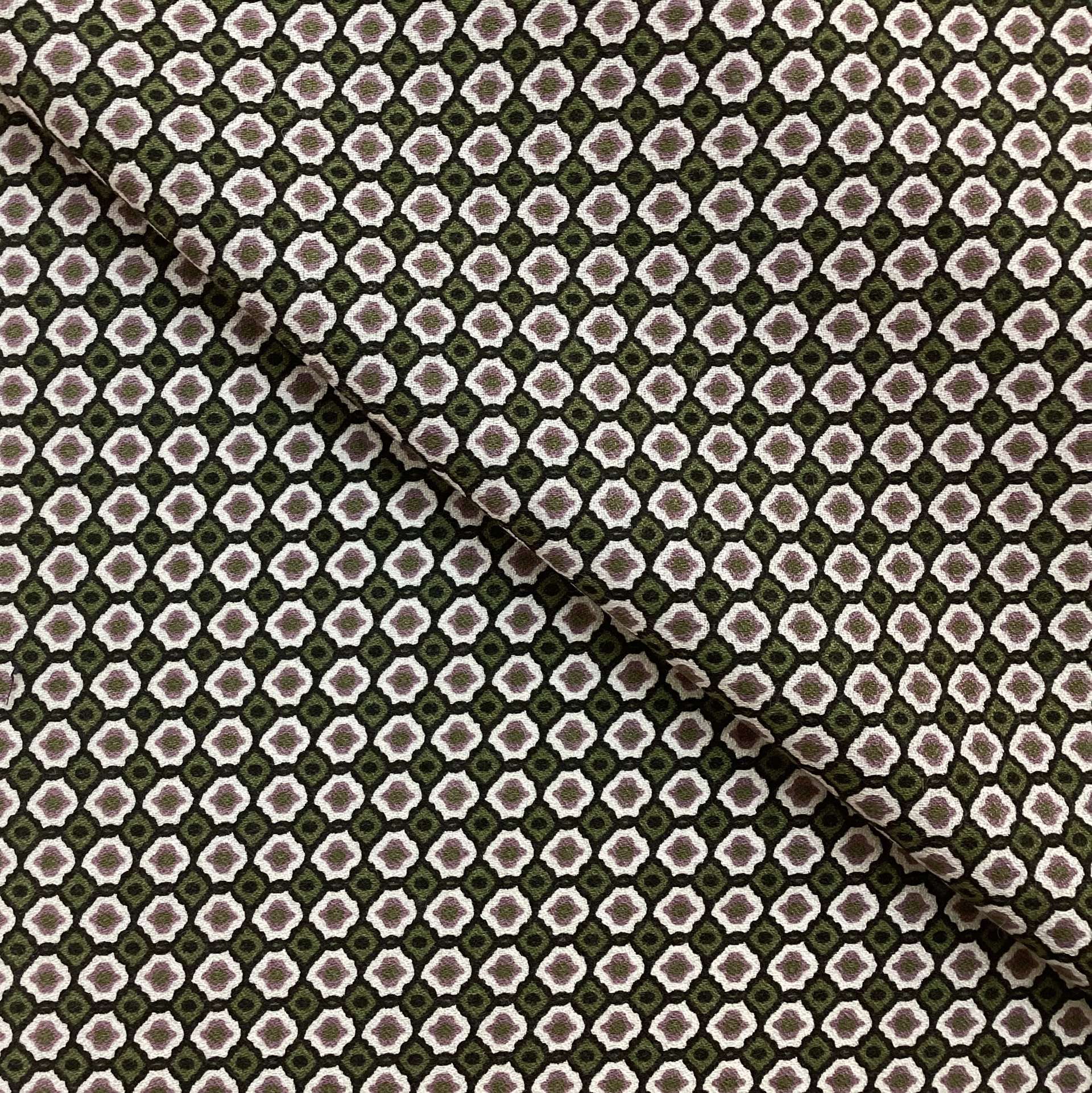 Italian Printed Viscose Challis Crepe Geometric Pattern In Olive Green Ground