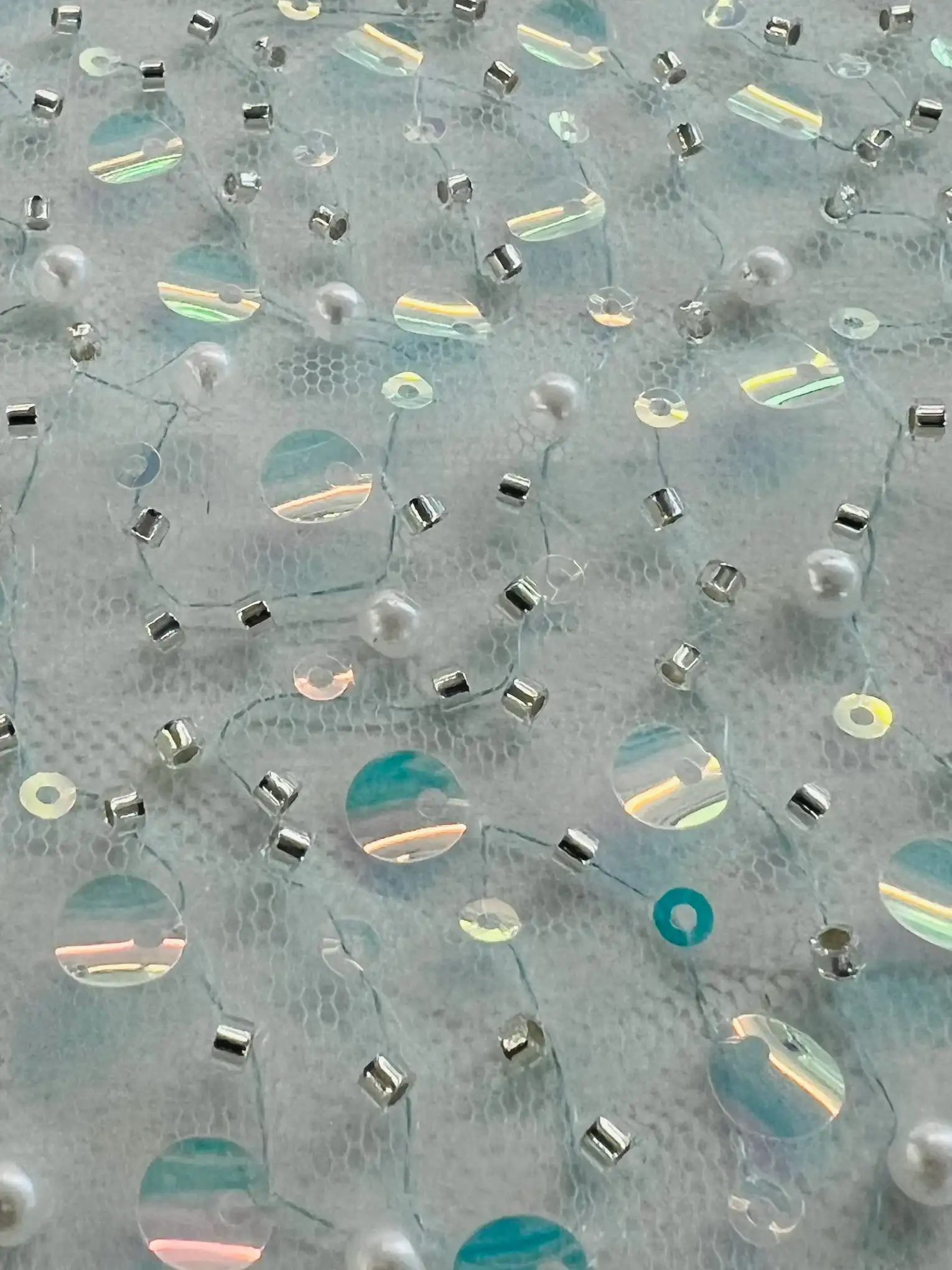 Opalescent Sequined Beaded Tulle in Turquoise 