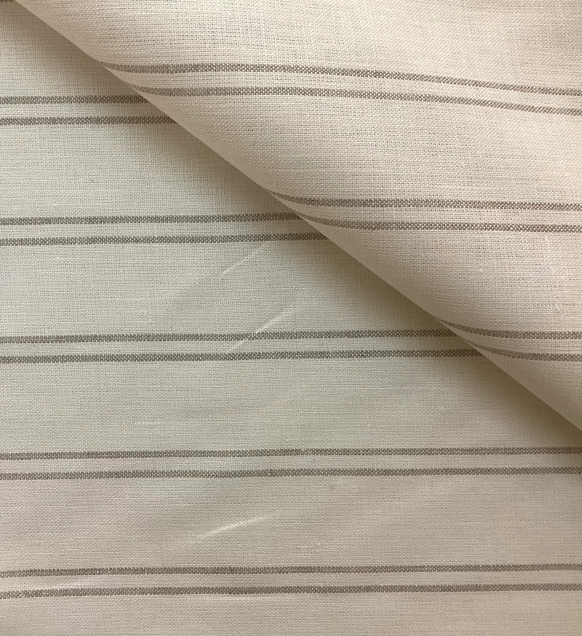 100% Linen Heavy Weight Yarn-Dye Stripe In Light Taupe On Cream