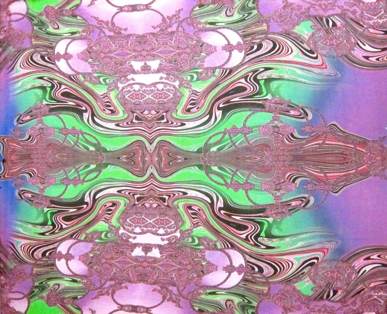 Silk Chiffon Panel with Psychedelic Print Pink White Black Red Paisleys On Blue Green Purple Background