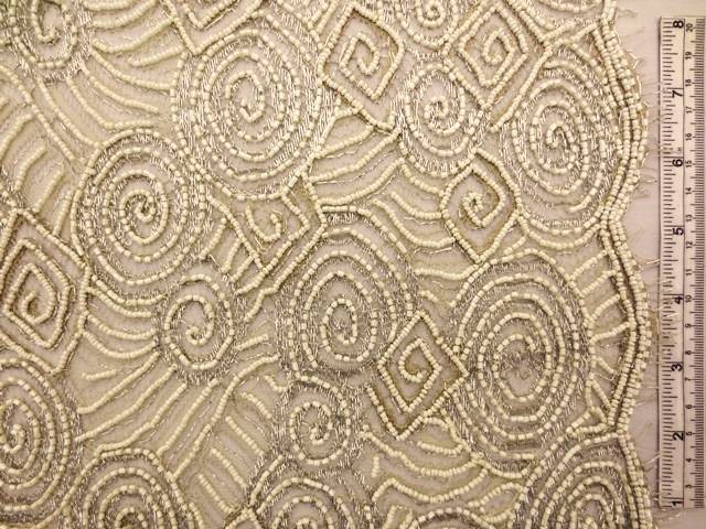 Double scallop silver and cream geometric beaded metallic French Chantilly Lace