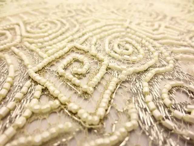 Double scallop silver and cream geometric beaded metallic French Chantilly Lace