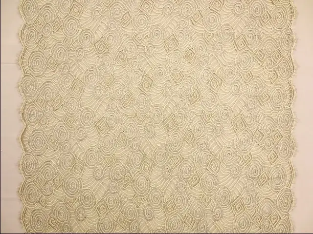 Double scallop silver and cream geometric beaded metallic French Chantilly Lace