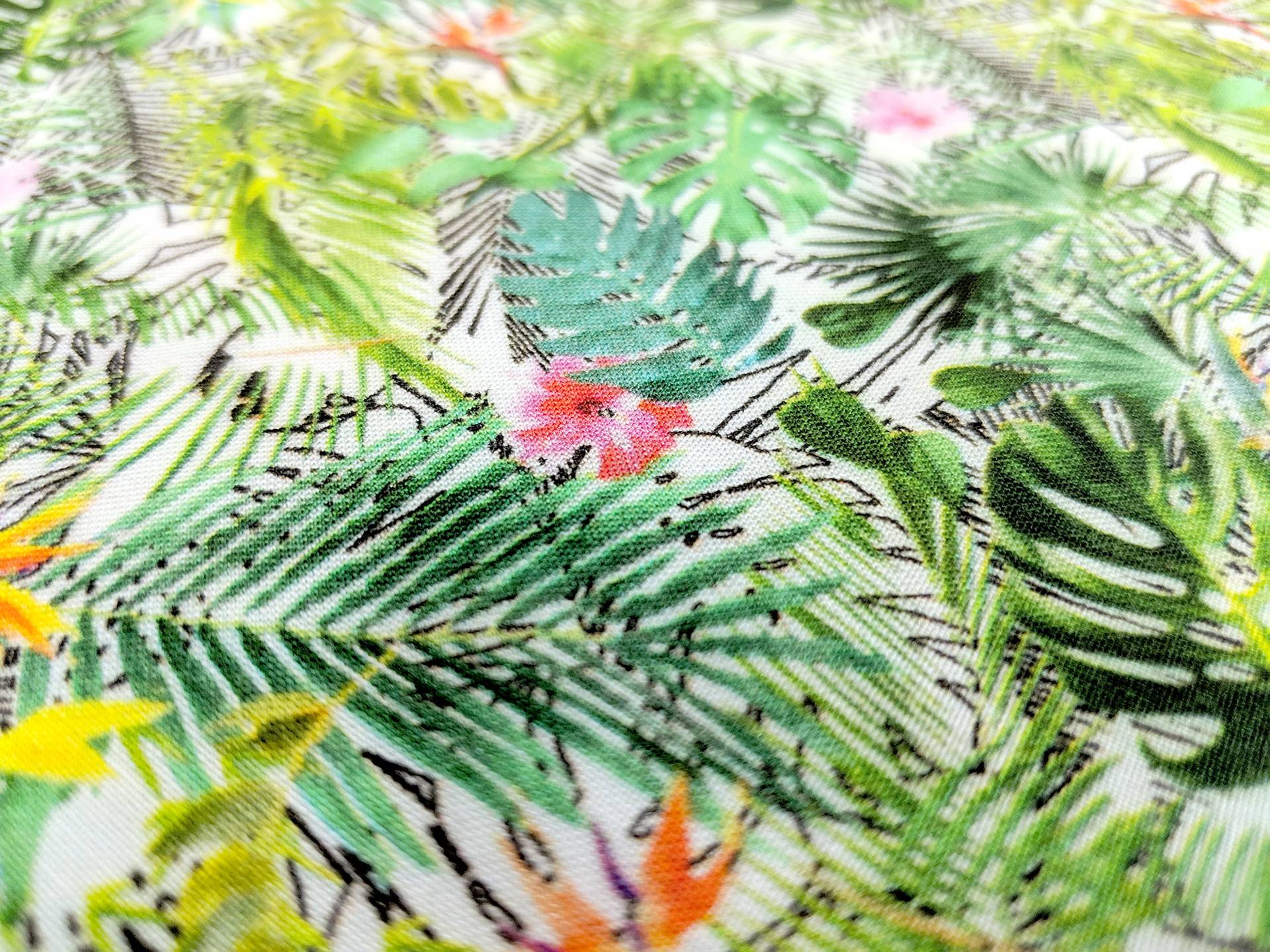 Viscose Print with Tropical Plants and Birds of Paradise