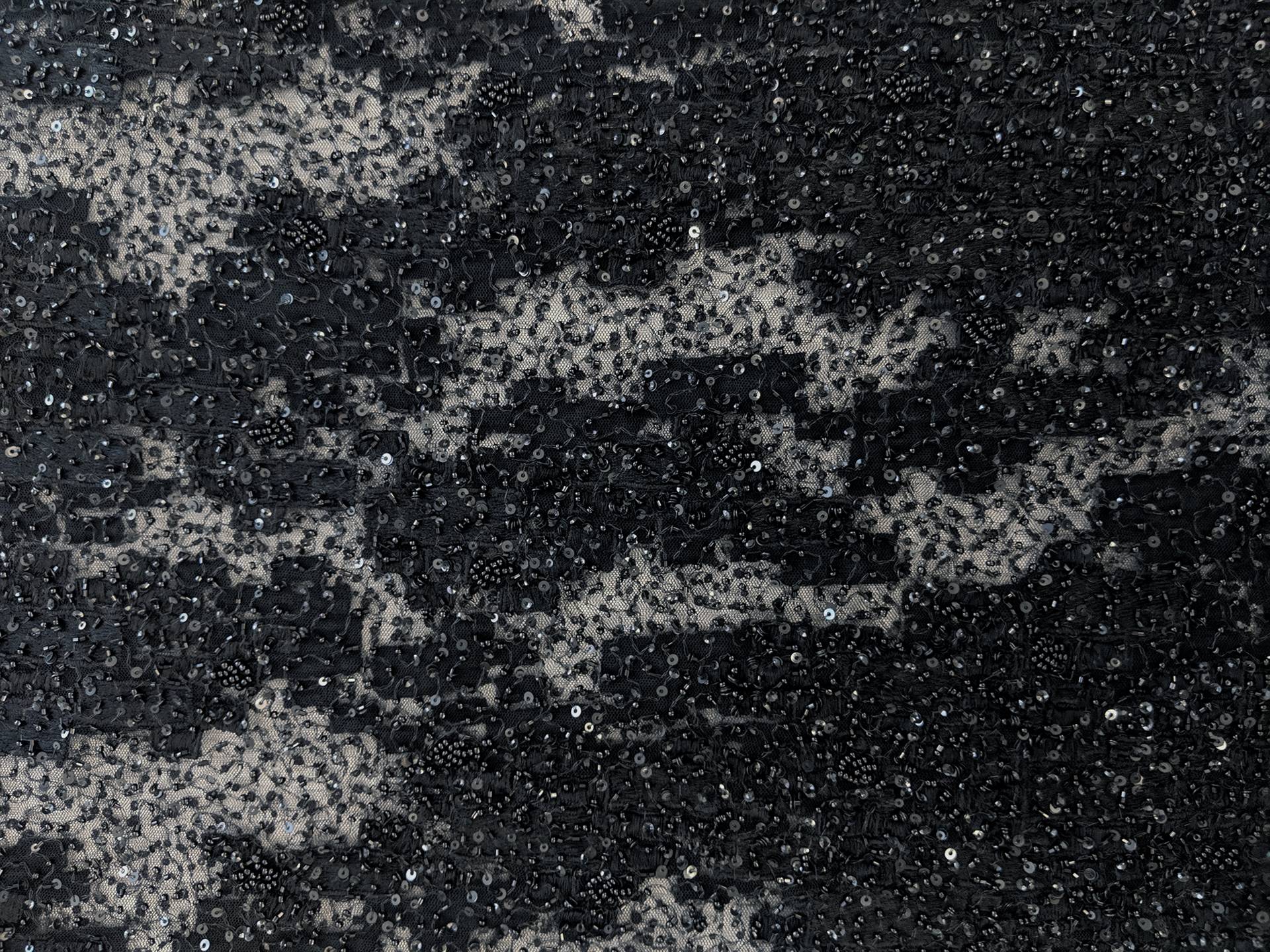 Beaded Tulle with Embroidered Squares in Black