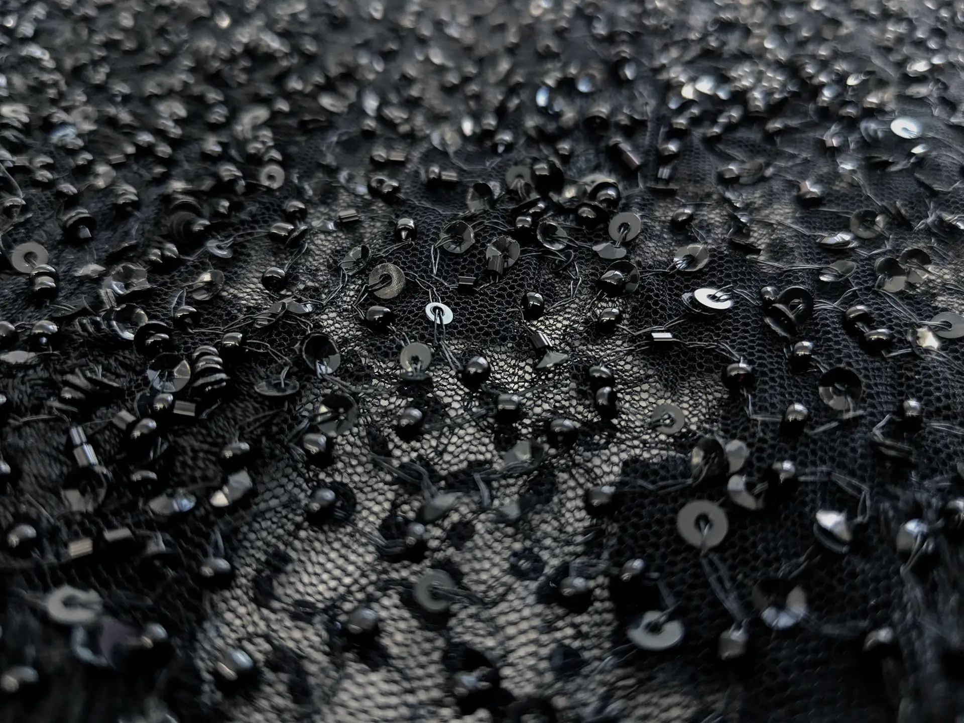 Beaded Tulle with Embroidered Squares in Black