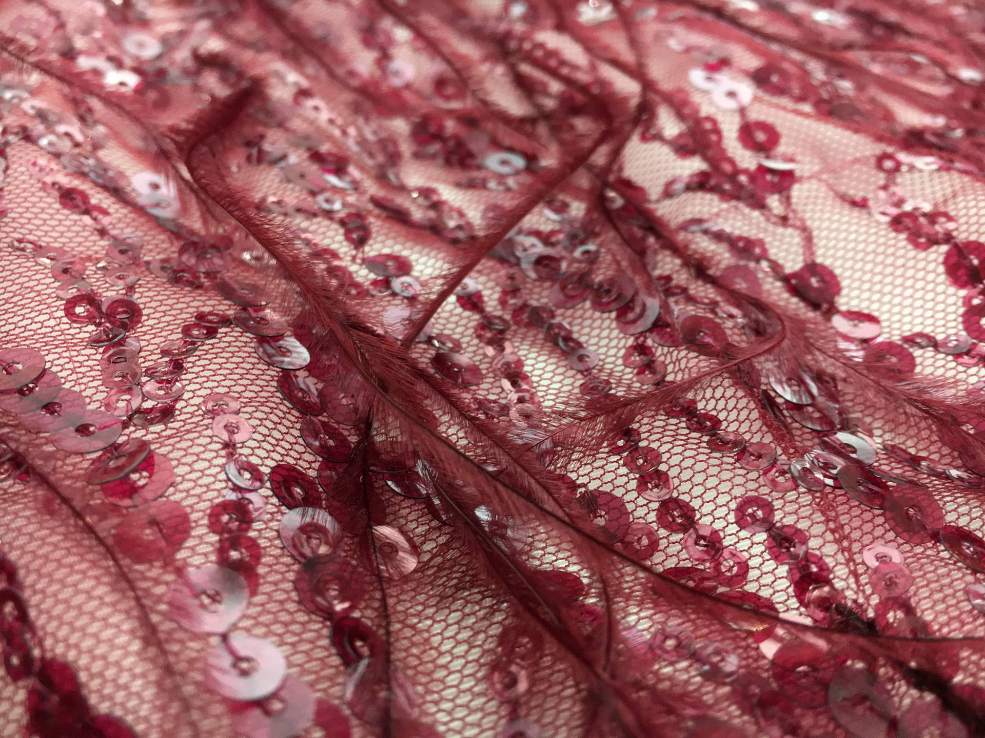 Feathered and Sequined Tulle in Wine