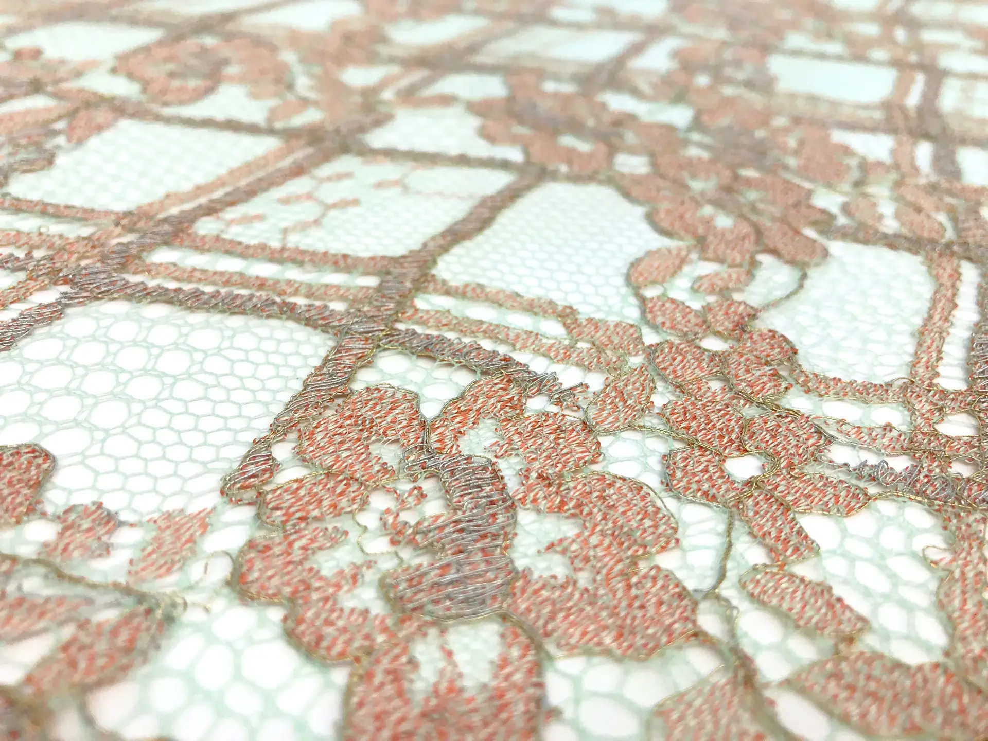 Metallic Floral Chantilly Lace in Mint and Pumpkin 