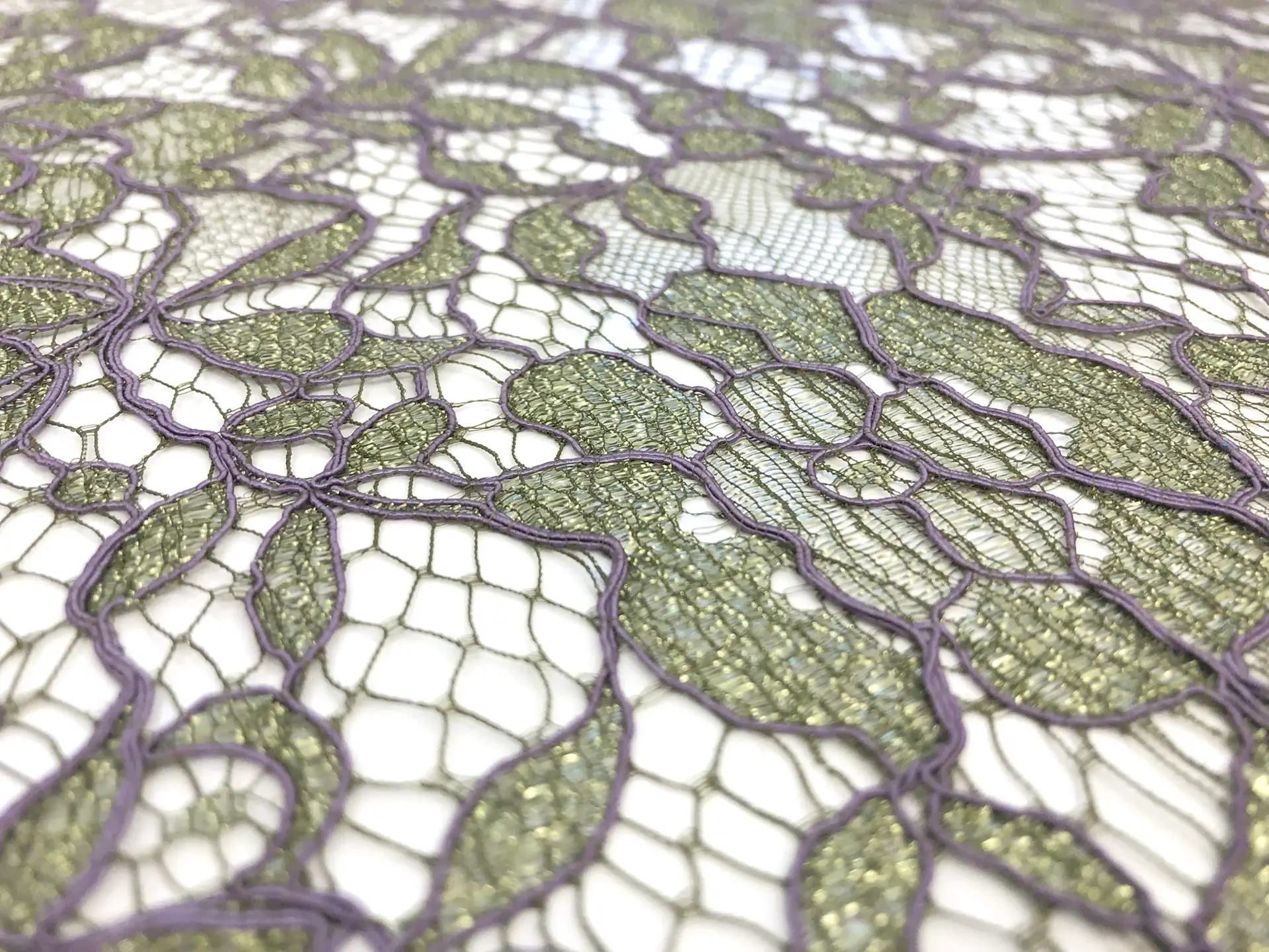 Corded Metallic Chantilly Lace in Olive and Lilac