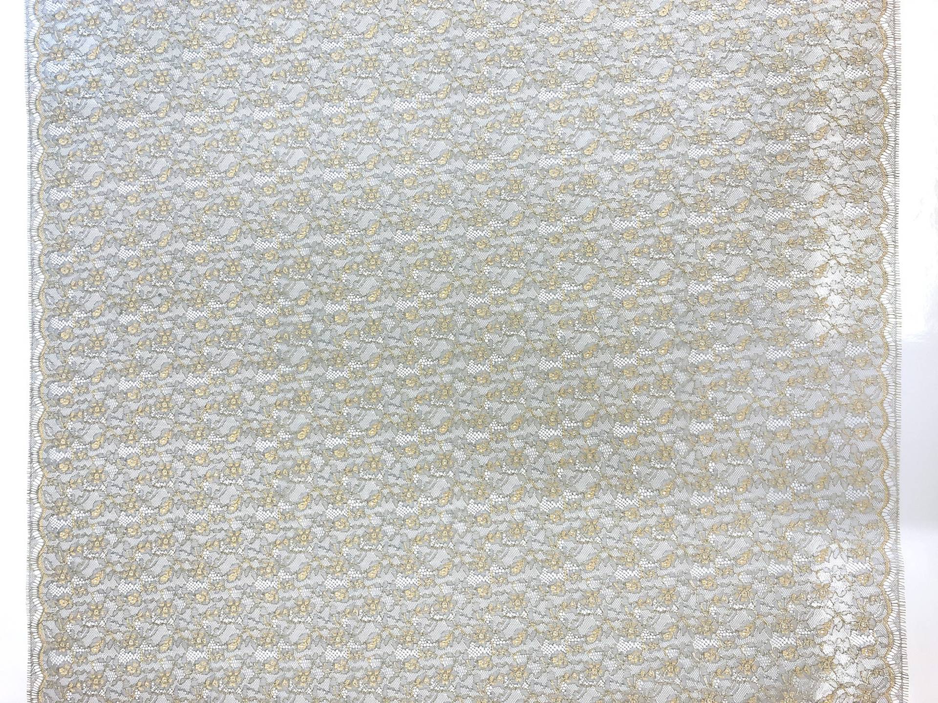 Metallic Chantilly Lace with Dainty Floral Motif in Grey & Light Gold
