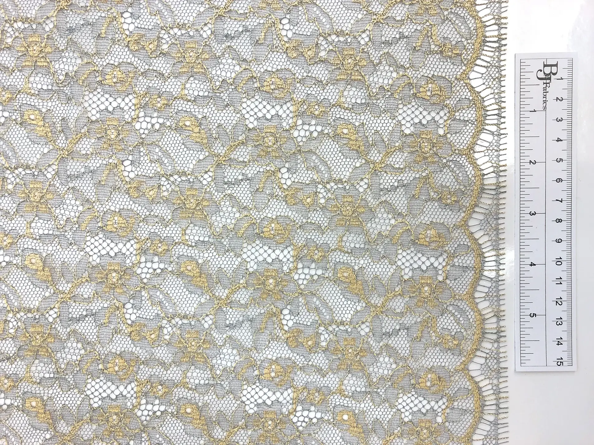 Metallic Chantilly Lace with Dainty Floral Motif in Grey & Light Gold