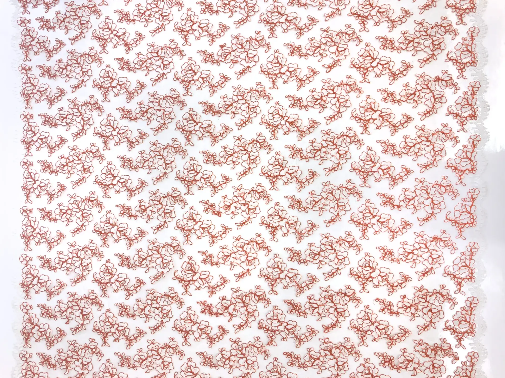 Double scallop floral corded French Chantilly Lace in White and Terracotta 